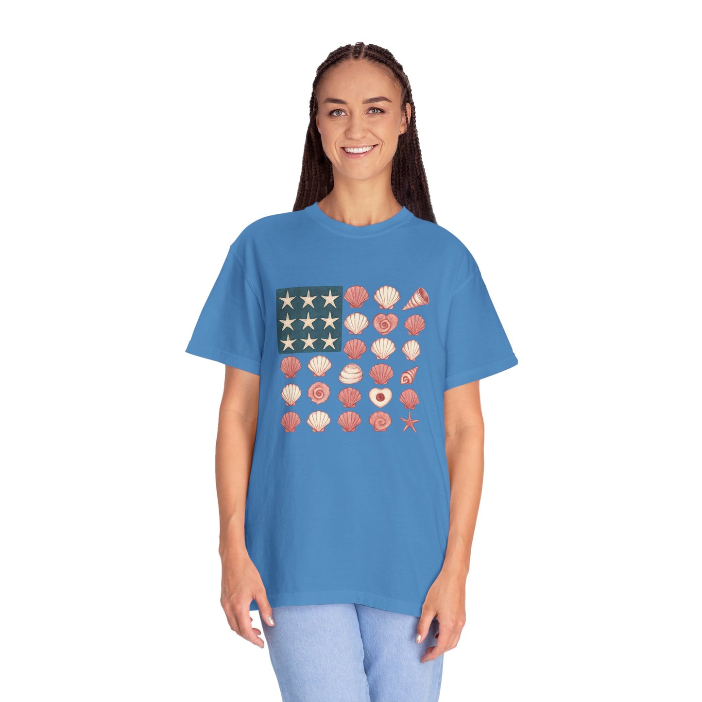 Comfort Colors-Seashell Flag T-Shirt, Unisex, American Flag, Beach Vibes, Nautical Gift, Summer Vibes, July 4th