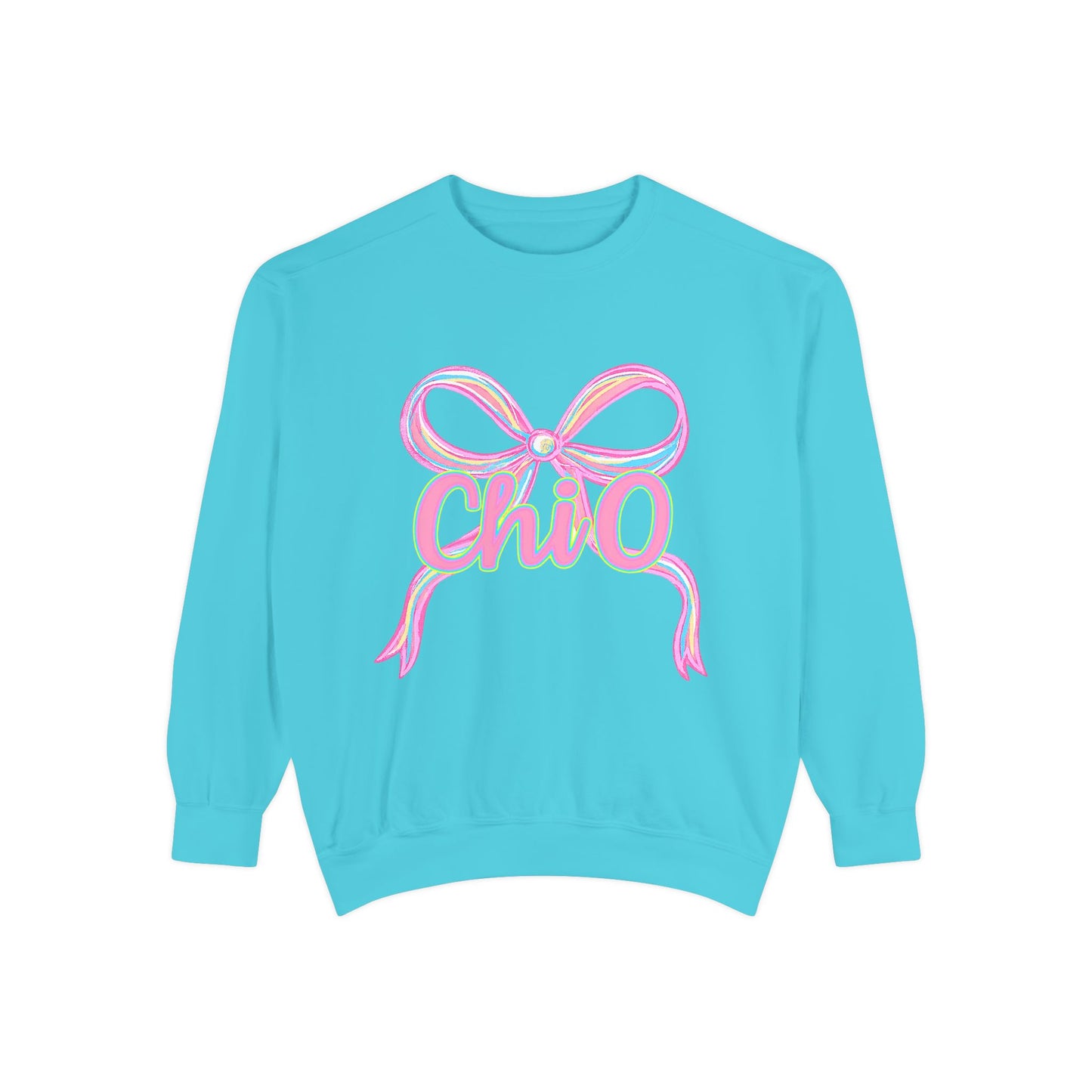 CHIO Chic Bow Graphic Unisex Garment-Dyed Sweatshirt, Cozy Pullover, Fashionable Gift, Casual Outfit, Spring Style, Trendy Apparel