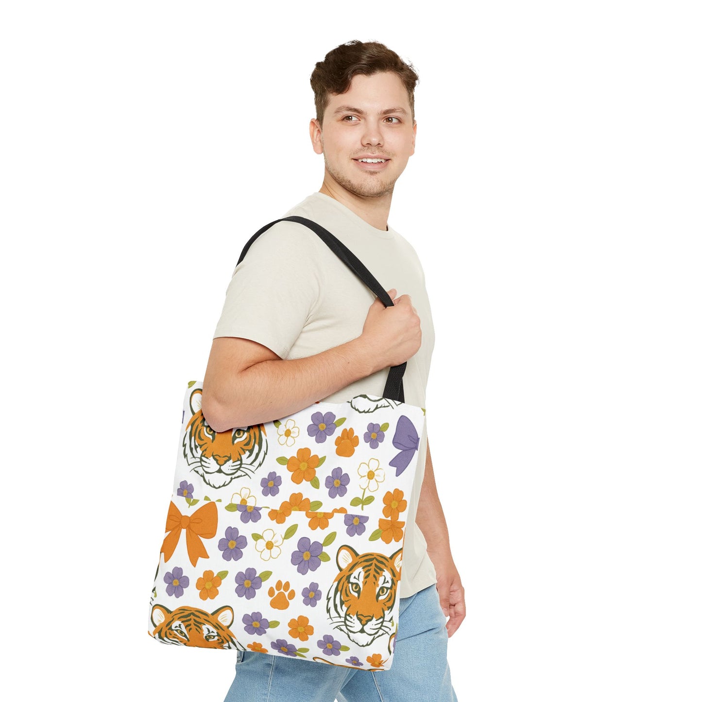 Whimsical Tiger Floral Tote Bag - Clemson Fan Gift, Graduation Gift, Alumni Gift, Cute Eco-Friendly Shopping Bag, Beach Bag, Gift for Animal Lovers, Spring & Summer Accessory