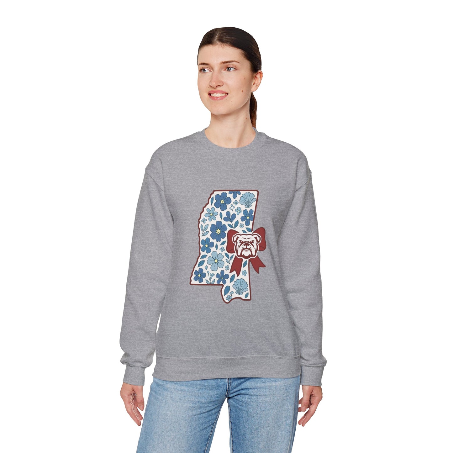 Mississippi Flower Bulldog Crewneck Sweatshirt, Cozy Sweatshirt for Fall, Gift for Dog Lovers, College Apparel, Casual Fashion