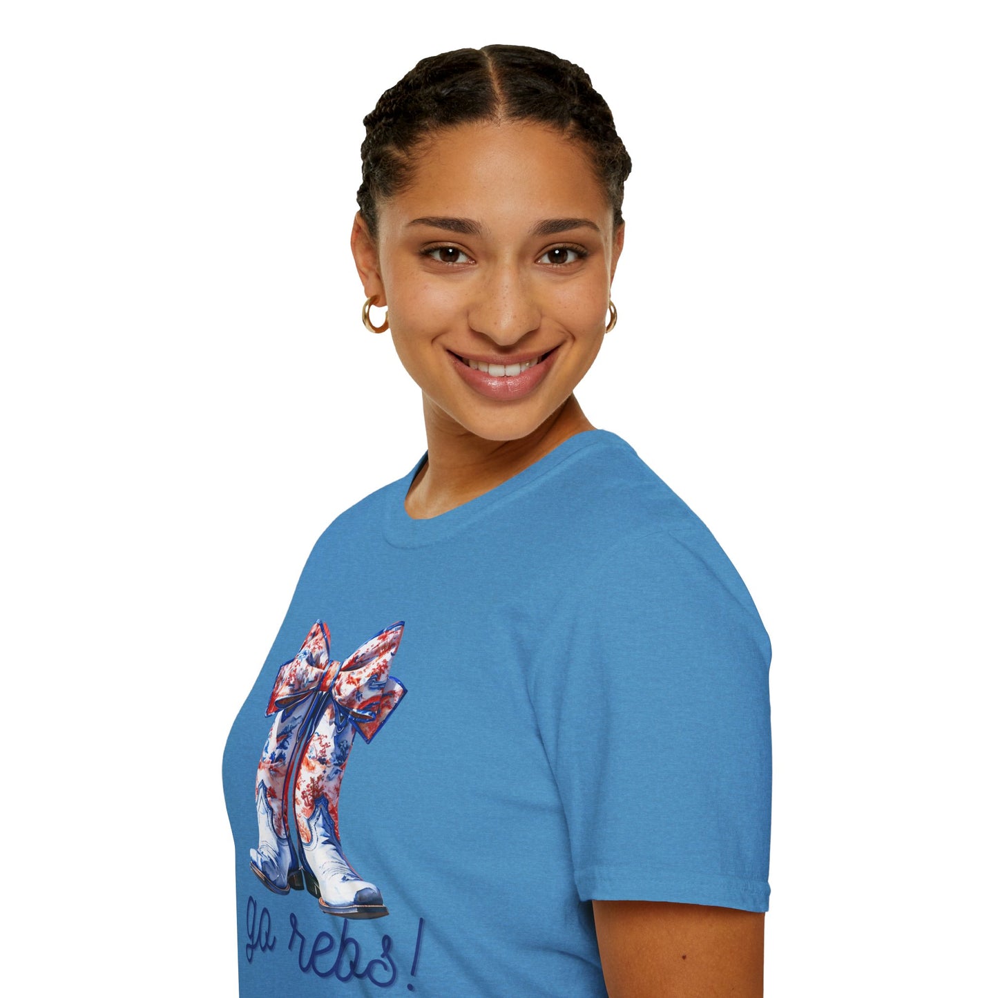 , go Rebs  Cheerful Unisex Softstyle T-Shirt with Bow Design | Gift for Sports Fans, Casual Wear, Team Spirit, Game Day Shirt, Cheerleading Top