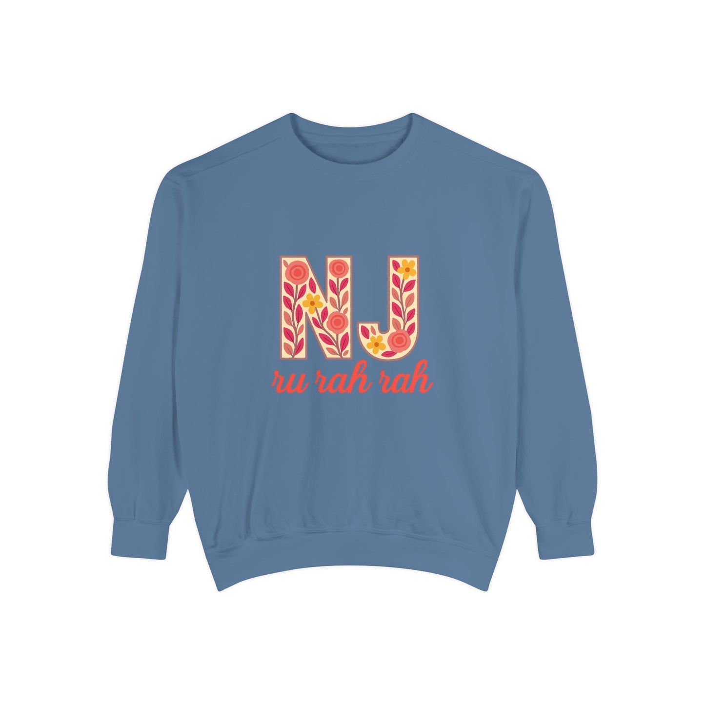 Cheerful NJ Garment-Dyed Sweatshirt, Cozy Unisex Pullover for School Spirit, Fall Fashion, Gift for College Students, Relaxed Fit