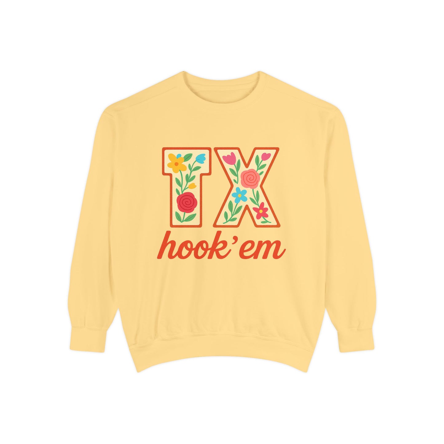 Texas Floral Sweatshirt, Unisex Garment-Dyed Sweatshirt, Cozy Casual Wear, Perfect for Game Day, Floral TX Hook 'Em Design, Stylish [...]