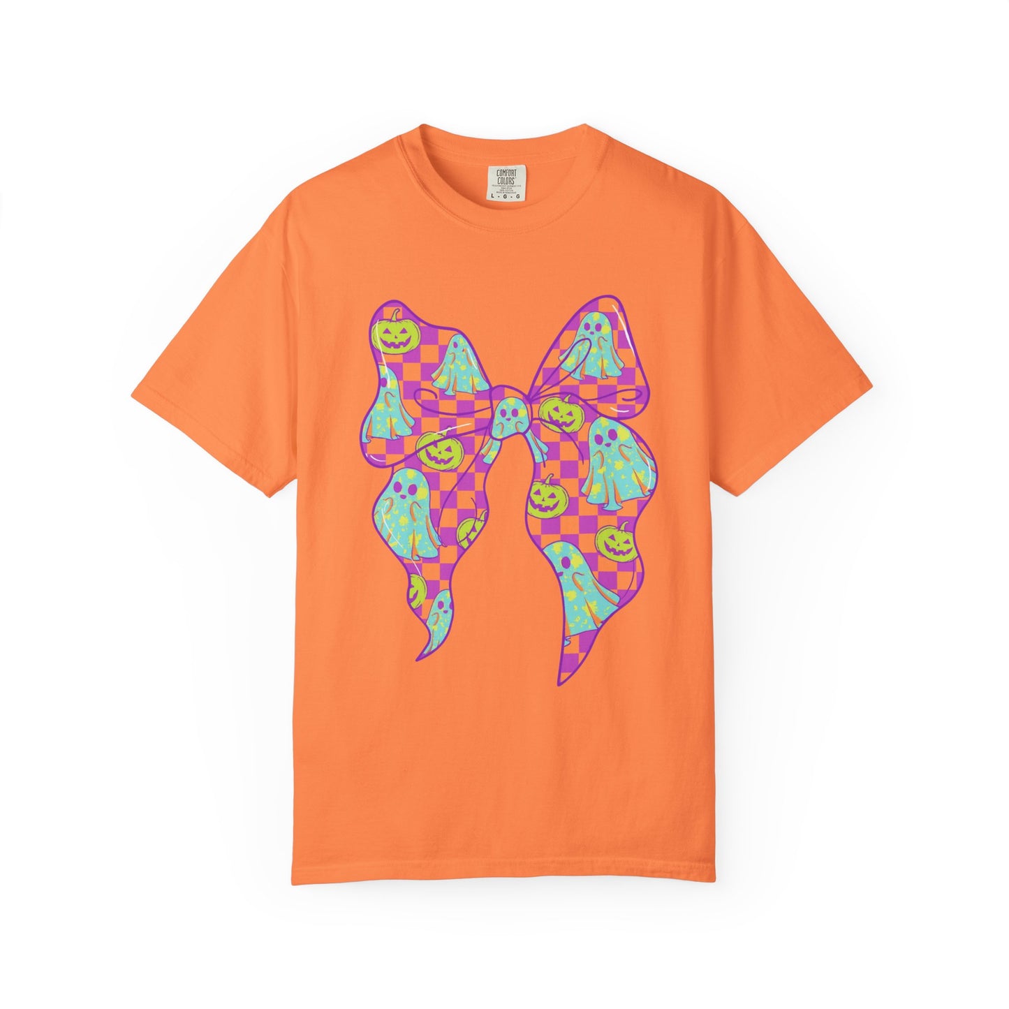 Neon Checkered Ghost Bow T-Shirt - Fun Lovers Halloween Unisex Tee