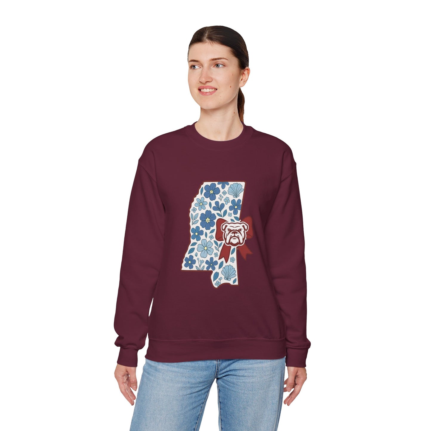 Mississippi Flower Bulldog Crewneck Sweatshirt, Cozy Sweatshirt for Fall, Gift for Dog Lovers, College Apparel, Casual Fashion