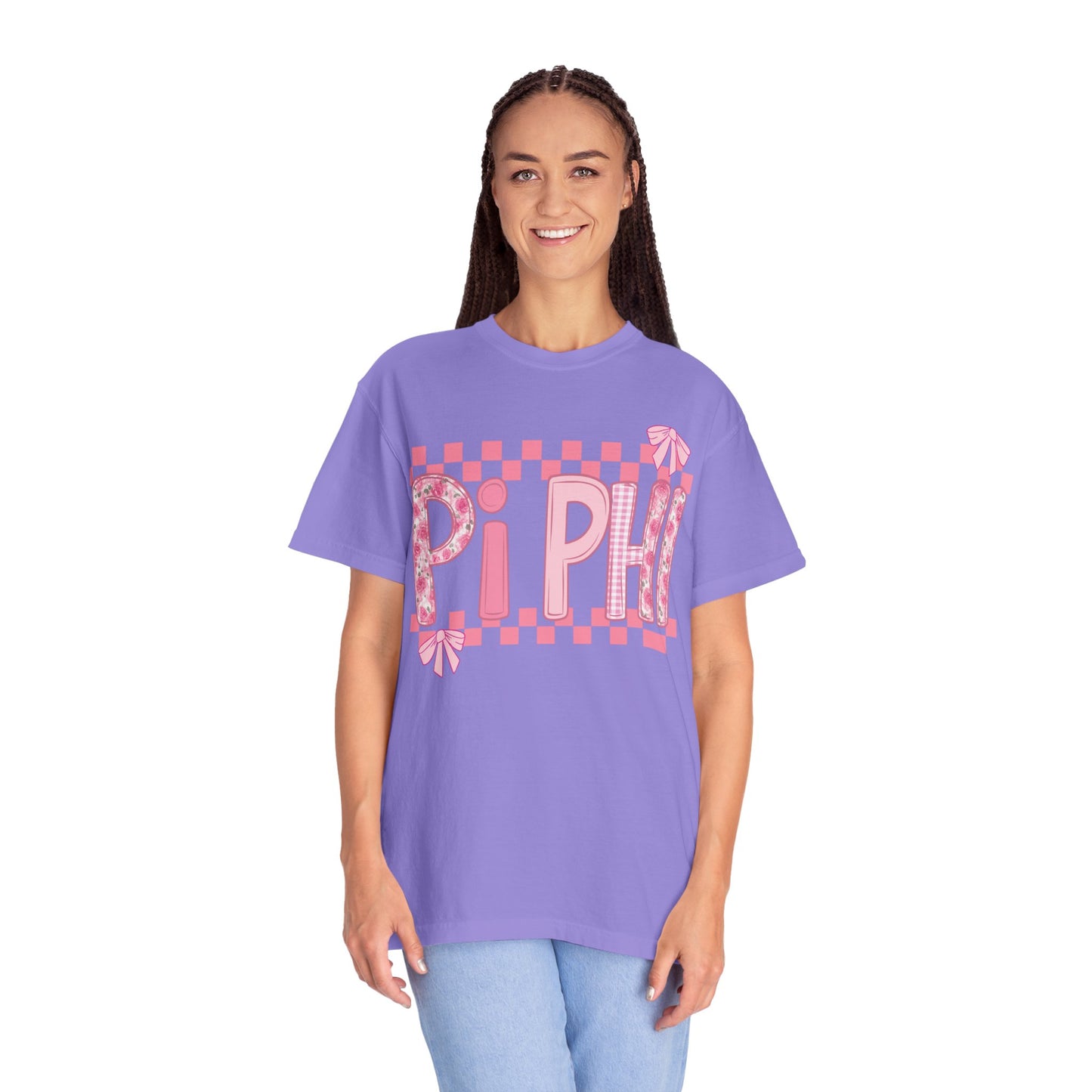 Cute Garment-Dyed T-Shirt for Sorority Sisters, Pi -Checked Style, Perfect for Casual Outings, Sorority Events, Gifts