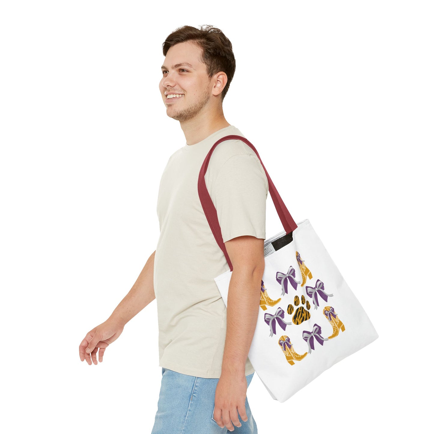 LSu coquette bow Print Tote Bag, Eco-Friendly Fashion Bag, lsu tiger fan, louisiana game day, geaux tigers, college student gift, graduation gift