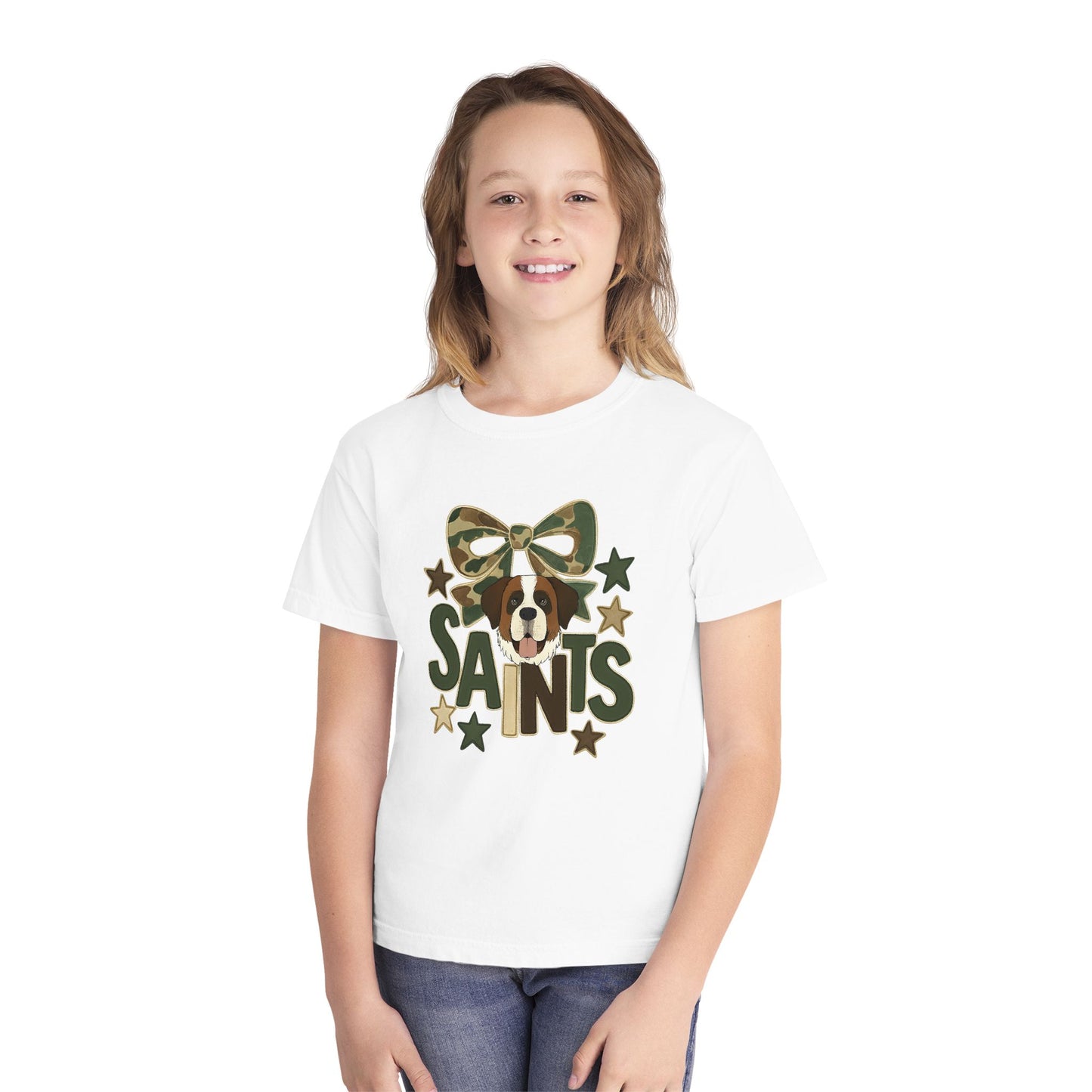 Camo Saints Youth Tee, Fun T-Shirt for Dog Lovers, Kids Outdoor Adventure Gear, Birthday Gift, Casual Wear