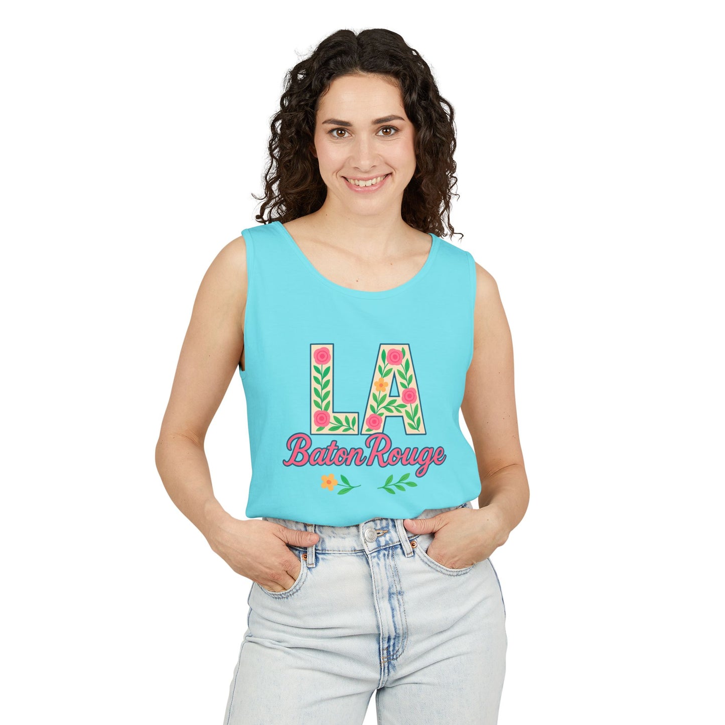 LA Baton Rouge Floral Tank Top, Summer Vibes, Unisex Apparel, Gift for Friends, Vacation Outfit, Spring/Summer Wear, Comfort Colors, Graduation Gift