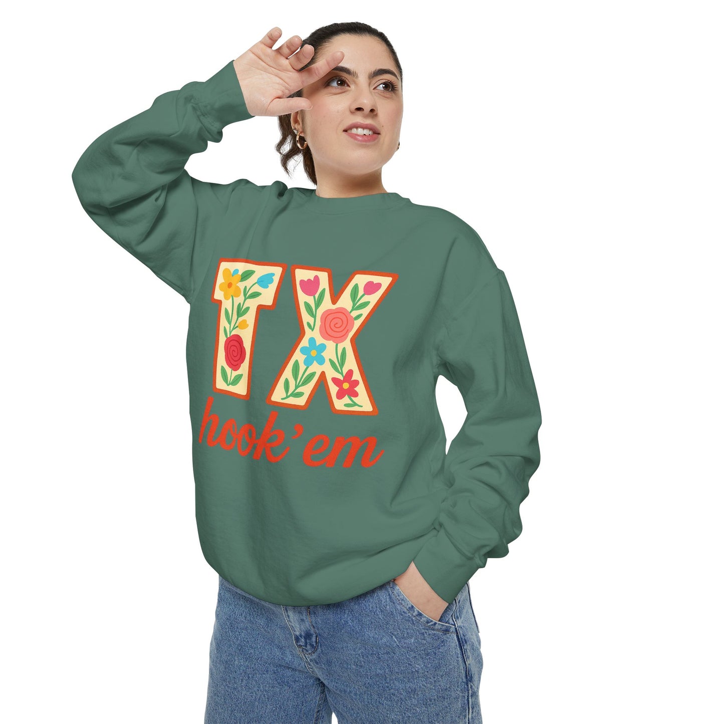 Texas Floral Sweatshirt, Unisex Garment-Dyed Sweatshirt, Cozy Casual Wear, Perfect for Game Day, Floral TX Hook 'Em Design, Stylish [...]