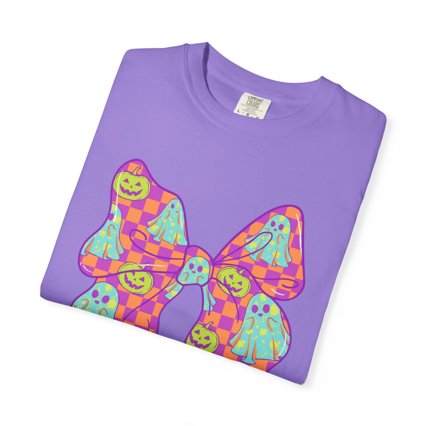 Neon Checkered Ghost Bow T-Shirt - Fun Lovers Halloween Unisex Tee