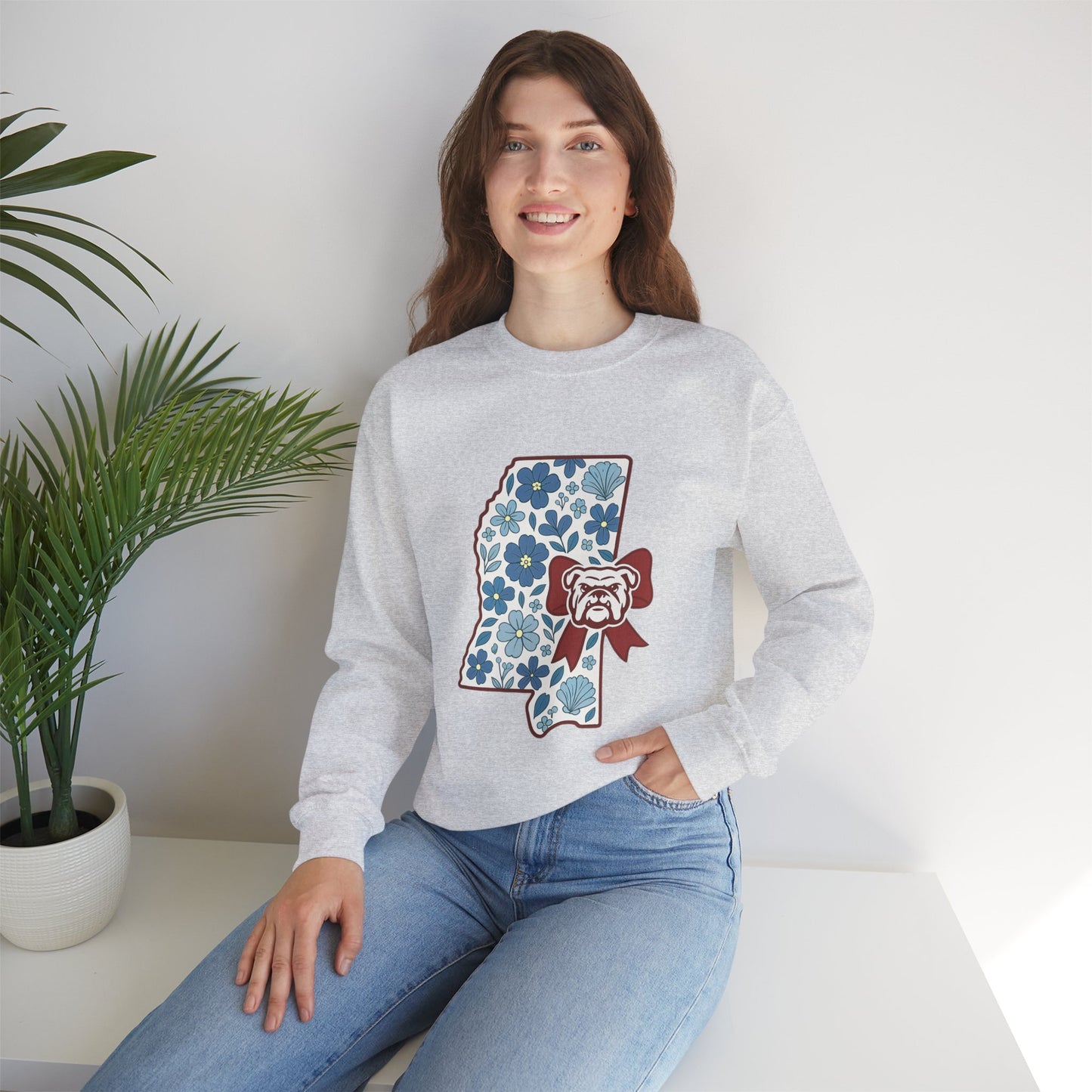 Mississippi Flower Bulldog Crewneck Sweatshirt, Cozy Sweatshirt for Fall, Gift for Dog Lovers, College Apparel, Casual Fashion