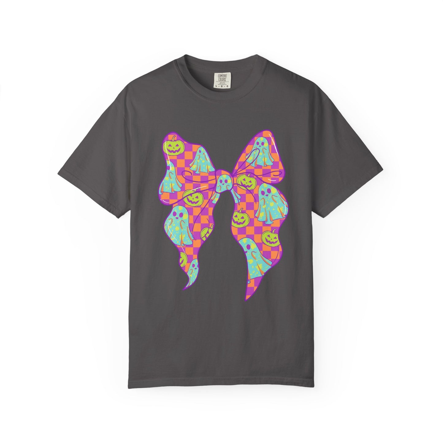 Neon Checkered Ghost Bow T-Shirt - Fun Lovers Halloween Unisex Tee