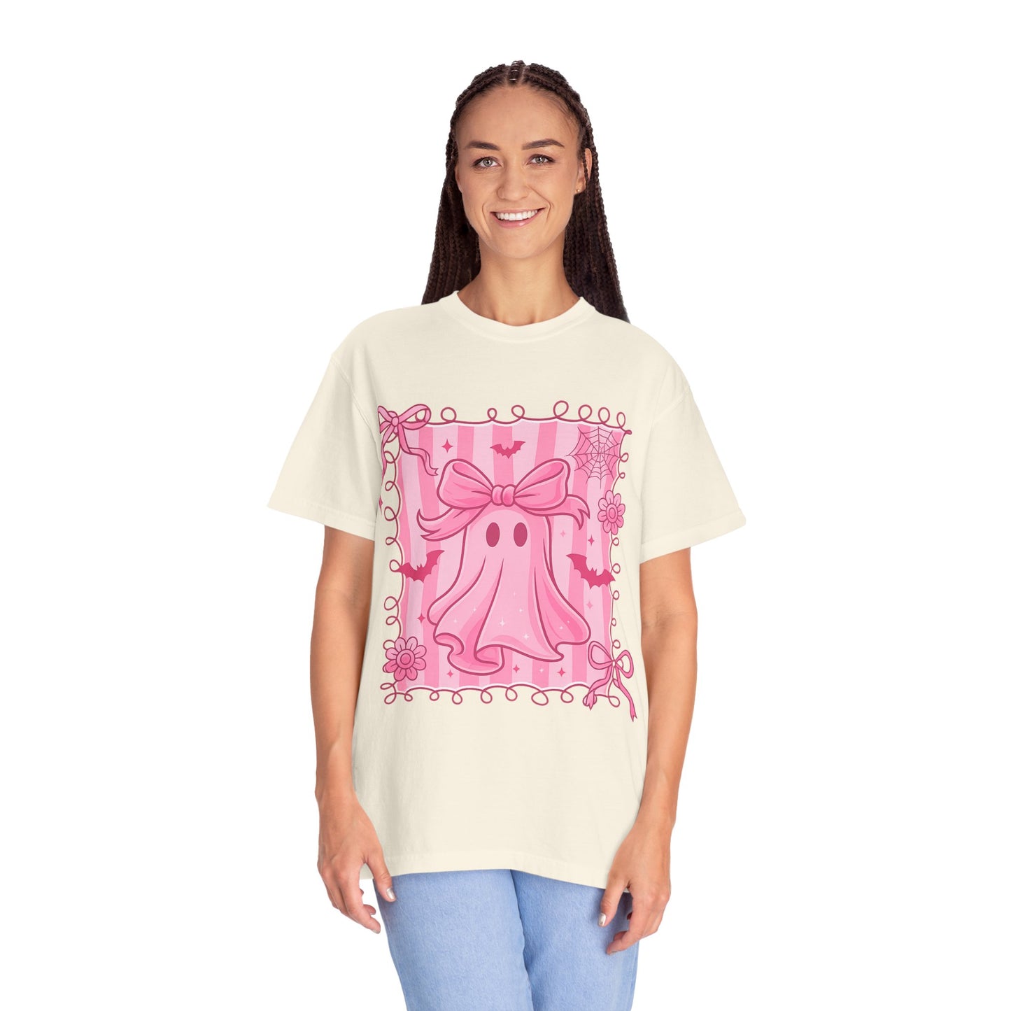 Cute Pink Ghost Graphic T-Shirt, Pink Halloween Tee, Unisex Garment-Dyed Top, Spooky Style for Fall, Trick or Treat Fashion