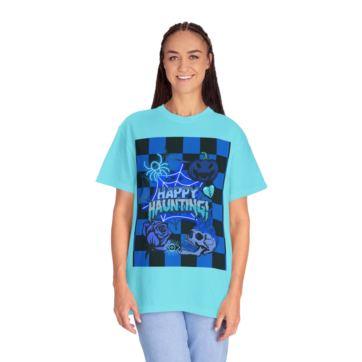 Happy Haunting Unisex Garment-Dyed T-shirt, Halloween Tee, Spooky Shirt, Fall Fashion, Casual Wear, Pumpkin Fest