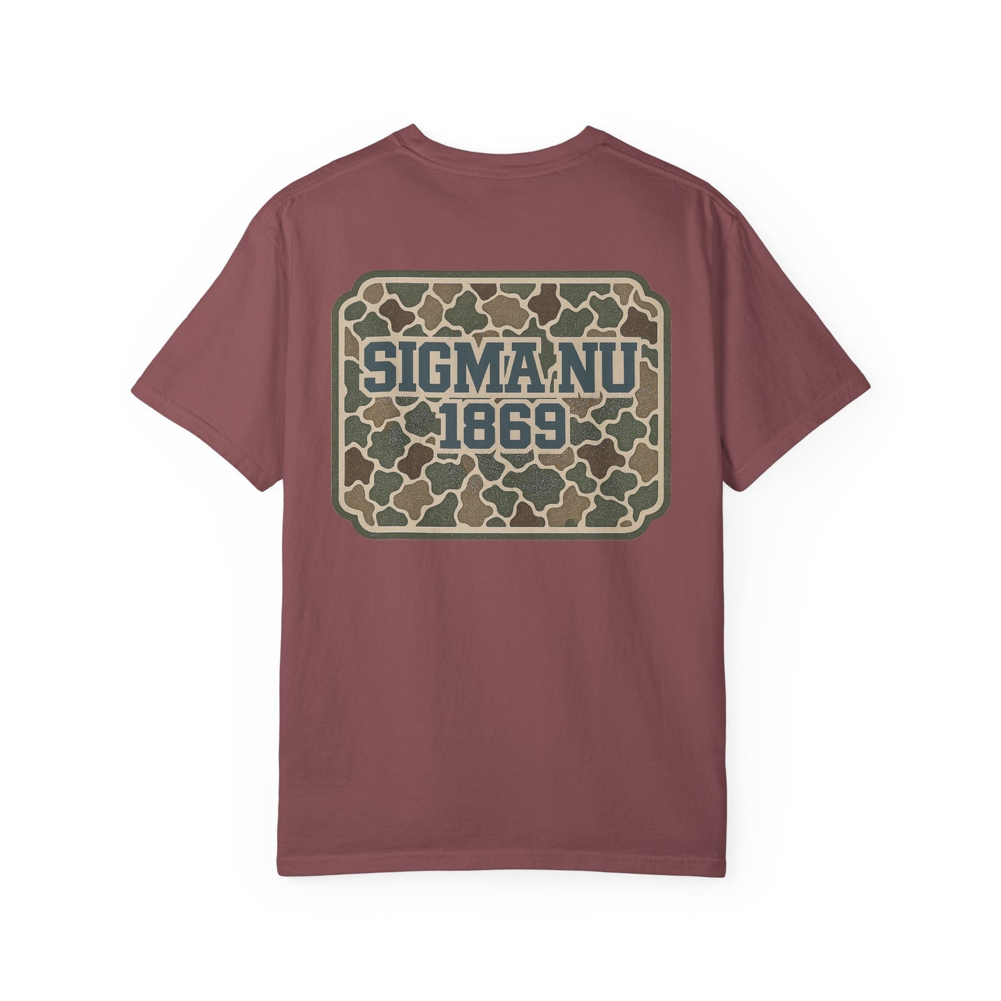 SigmaNu Camouflage T-Shirt | Unisex Garment-Dyed Tee for Greek Life | Ideal for Fraternity Events, Casual Wear, Gifts, Game Days