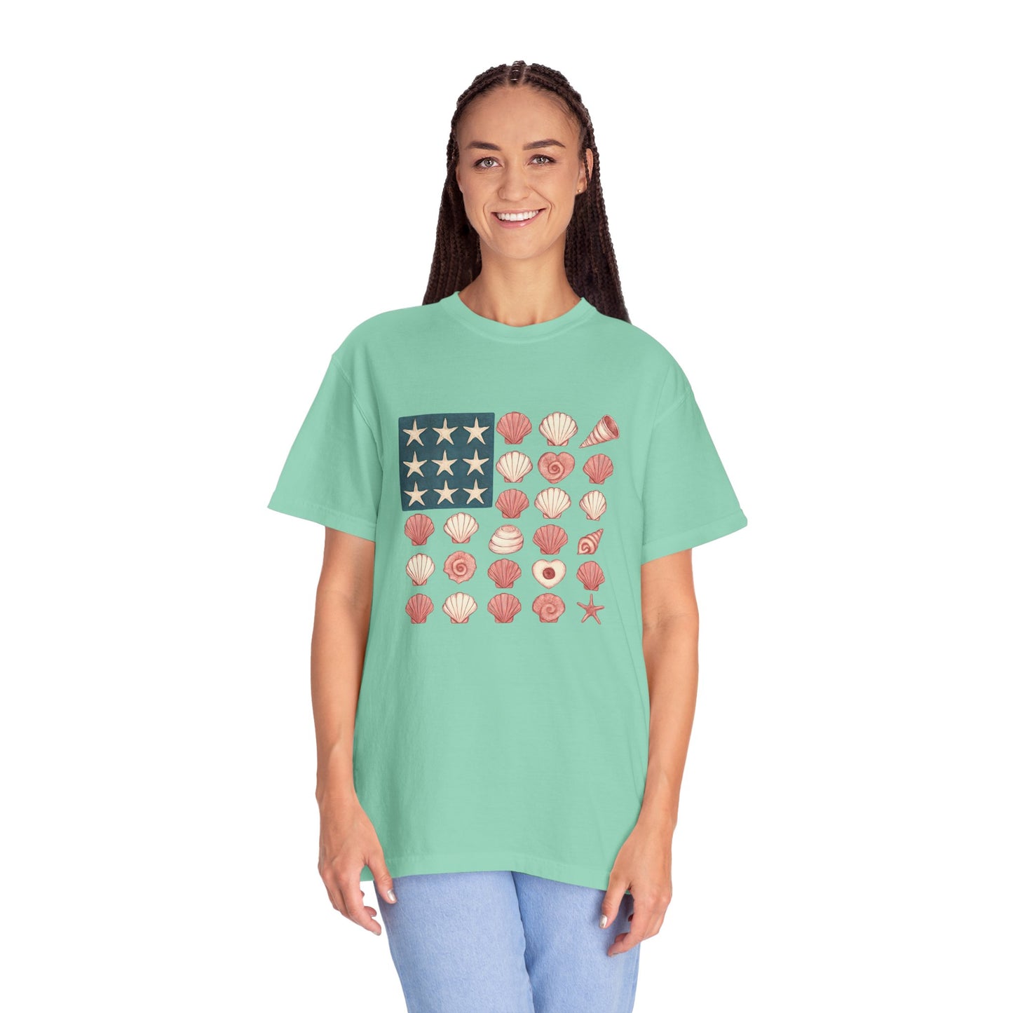 Comfort Colors-Seashell Flag T-Shirt, Unisex, American Flag, Beach Vibes, Nautical Gift, Summer Vibes, July 4th