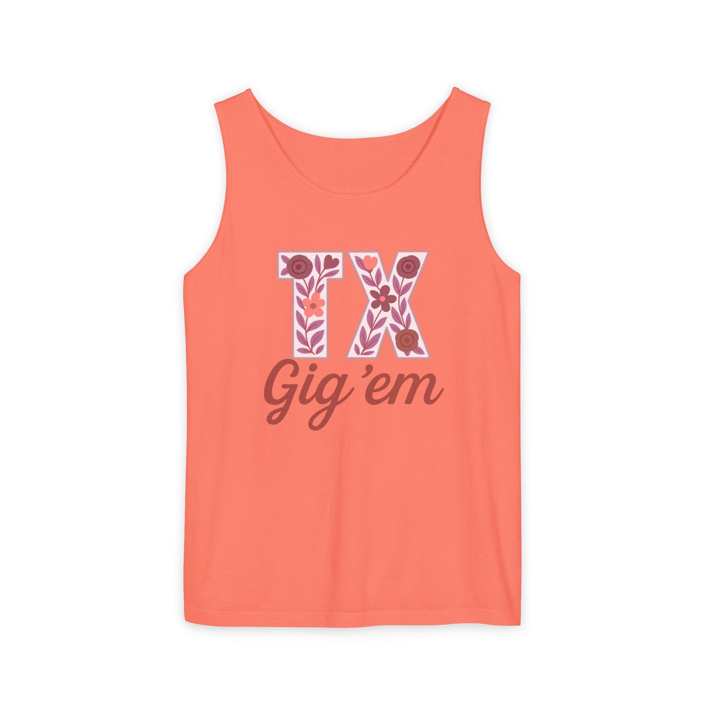 Texas Gig 'Em Tank Top, Unisex Summer Apparel, Cute Floral Design, Perfect for College Fans, Gifts, Comfort Colors, Graduation Gift