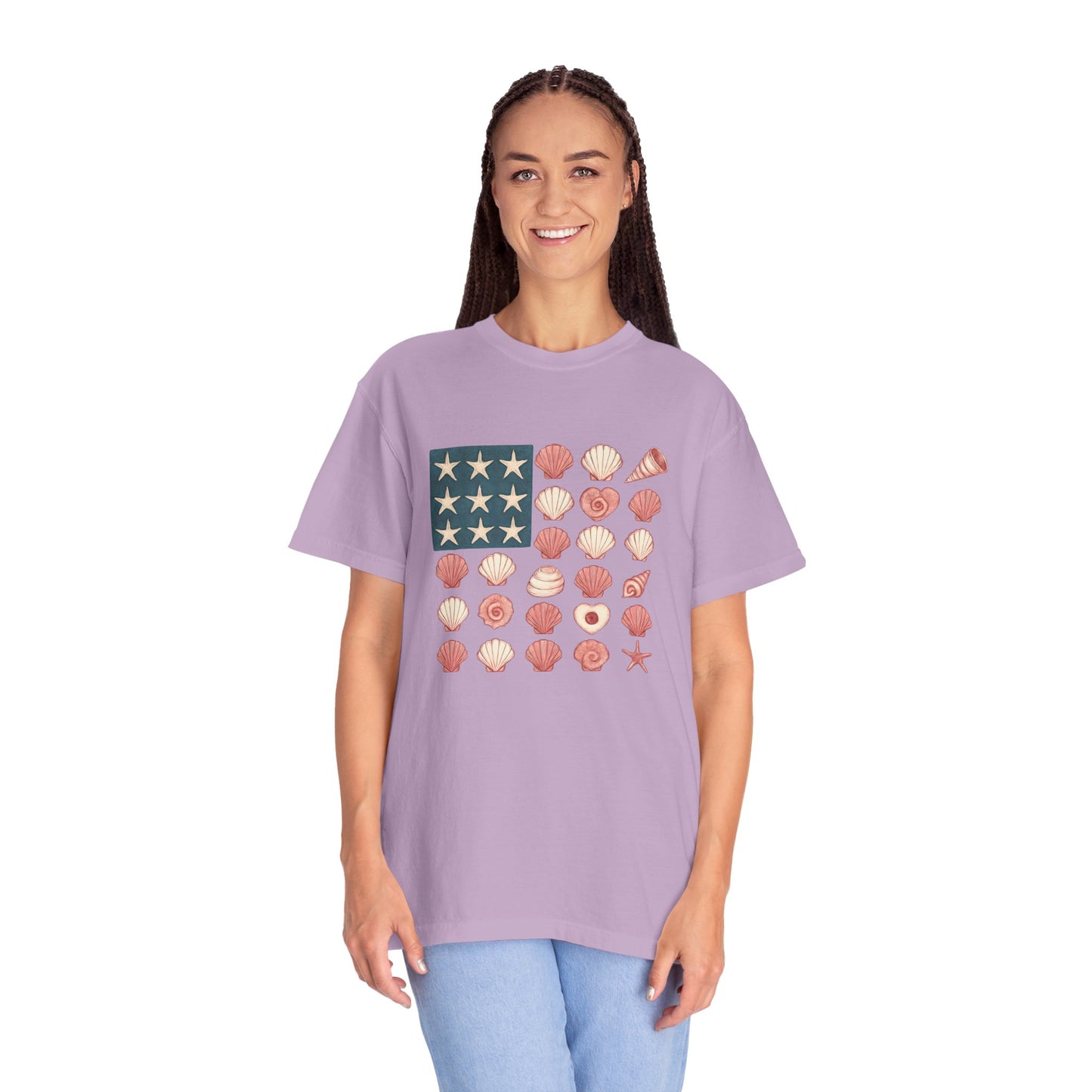 Comfort Colors-Seashell Flag T-Shirt, Unisex, American Flag, Beach Vibes, Nautical Gift, Summer Vibes, July 4th