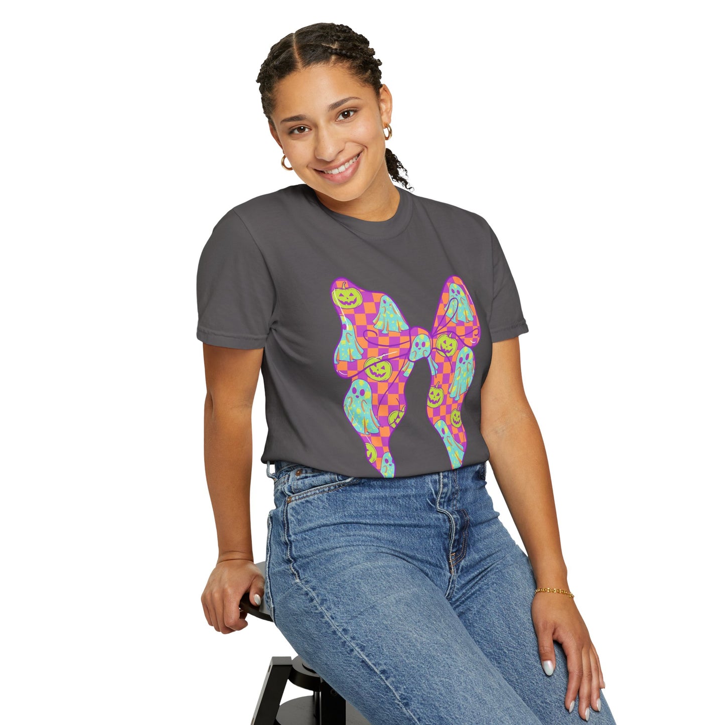Neon Checkered Ghost Bow T-Shirt - Fun Lovers Halloween Unisex Tee