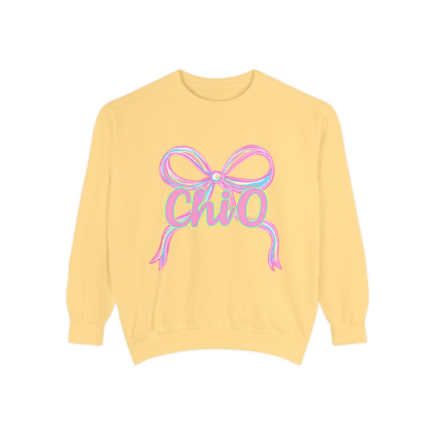 CHIO Chic Bow Graphic Unisex Garment-Dyed Sweatshirt, Cozy Pullover, Fashionable Gift, Casual Outfit, Spring Style, Trendy Apparel