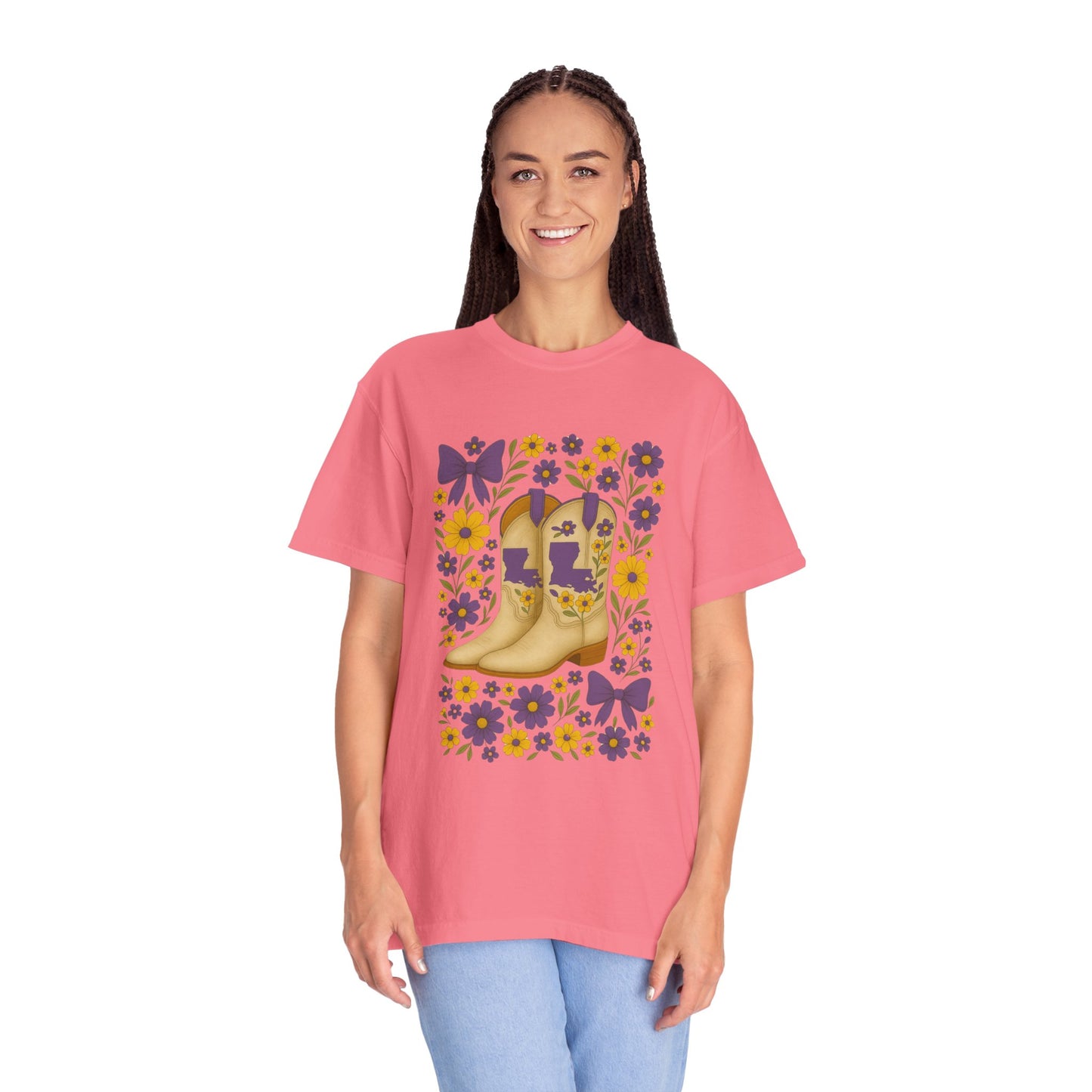 T-Shirt - Western Floral Boot T-Shirt, Vintage Graphic Shirt, Gift for Cowgirl, LSU Tigers, Louisiana Game Day