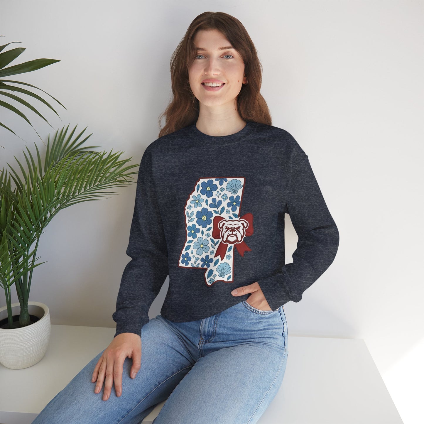 Mississippi Flower Bulldog Crewneck Sweatshirt, Cozy Sweatshirt for Fall, Gift for Dog Lovers, College Apparel, Casual Fashion
