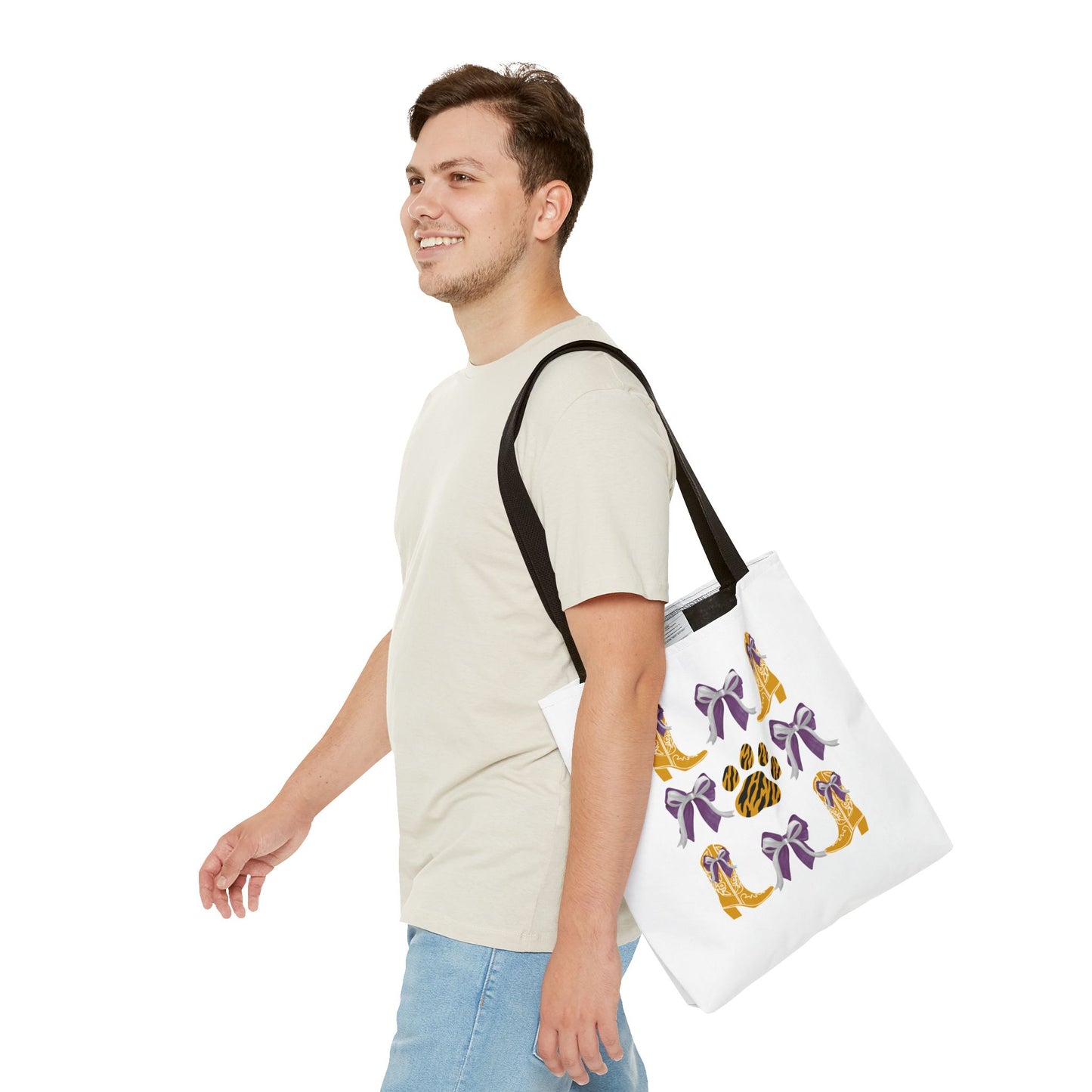 LSu coquette bow Print Tote Bag, Eco-Friendly Fashion Bag, lsu tiger fan, louisiana game day, geaux tigers, college student gift, graduation gift
