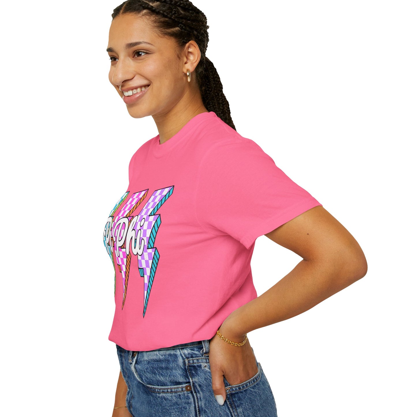 PB Phi Lightning Bolt Unisex T-shirt | Vibrant Greek Life Apparel, Unique Gift for Sorority Sisters, Casual Wear, Celebrating Sisterhood