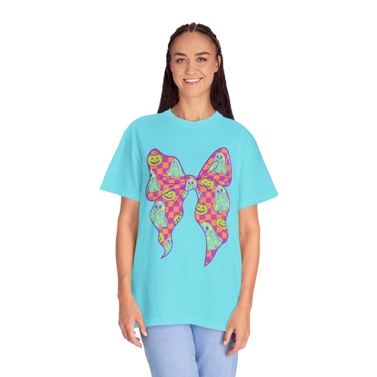 Neon Checkered Ghost Bow T-Shirt - Fun Lovers Halloween Unisex Tee