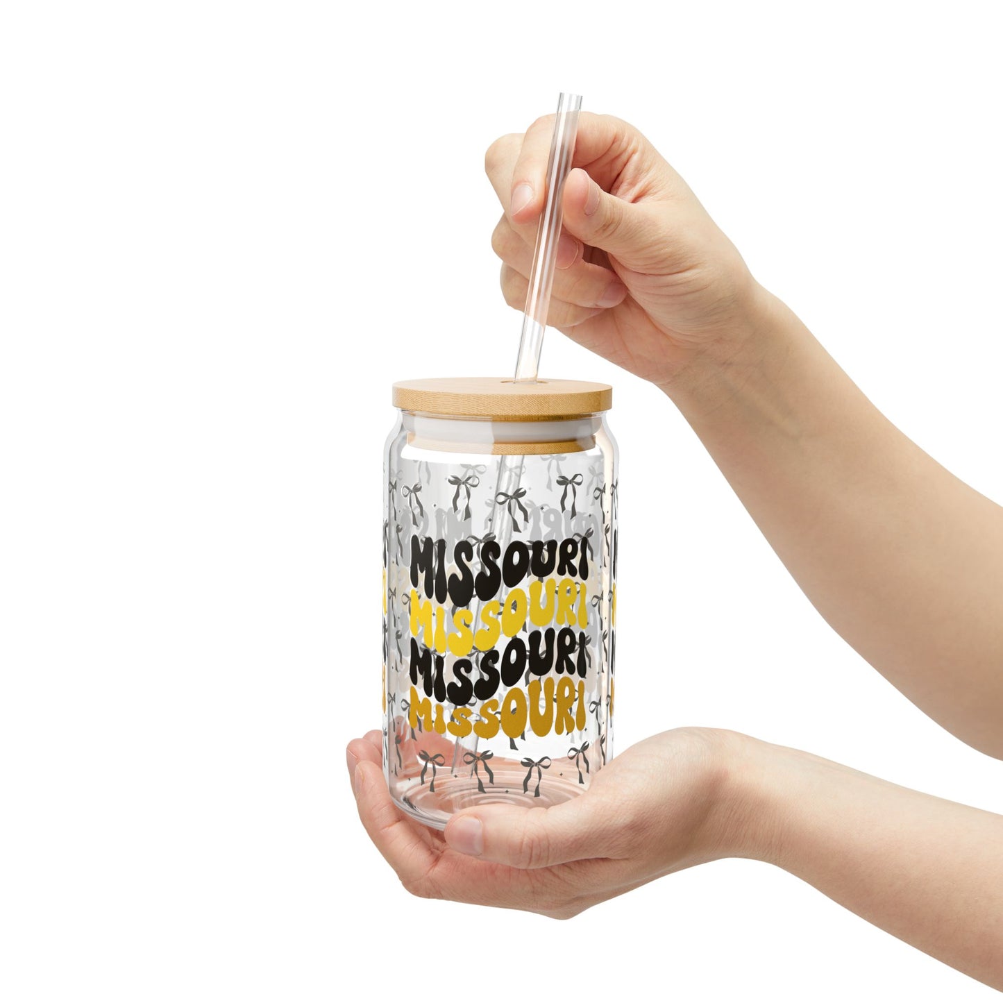 Coquette Bow Sipper Glass, Missouri-themed Drinkware, Eco-friendly Glass with Bamboo Lid, Perfect for Gifts, missouri tigers, missouri game day, graduation gift