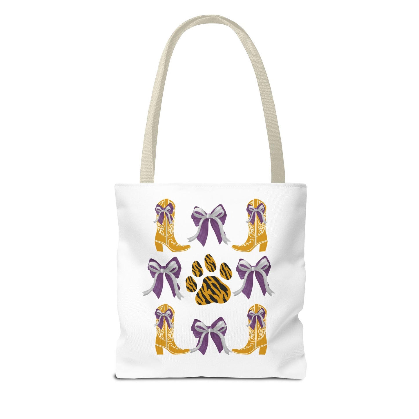LSu coquette bow Print Tote Bag, Eco-Friendly Fashion Bag, lsu tiger fan, louisiana game day, geaux tigers, college student gift, graduation gift