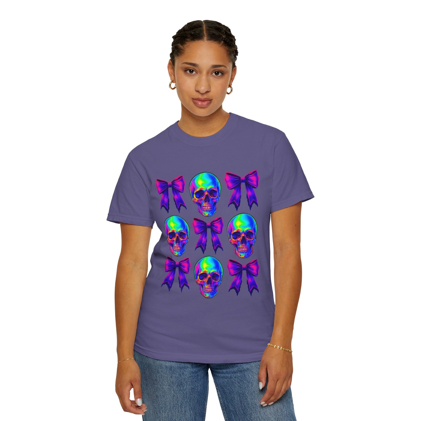 Neon Skull and Bow Unisex T-Shirt | Trendy Graphic Tee for Halloween, Festivals, Casual Wear, Gifts
