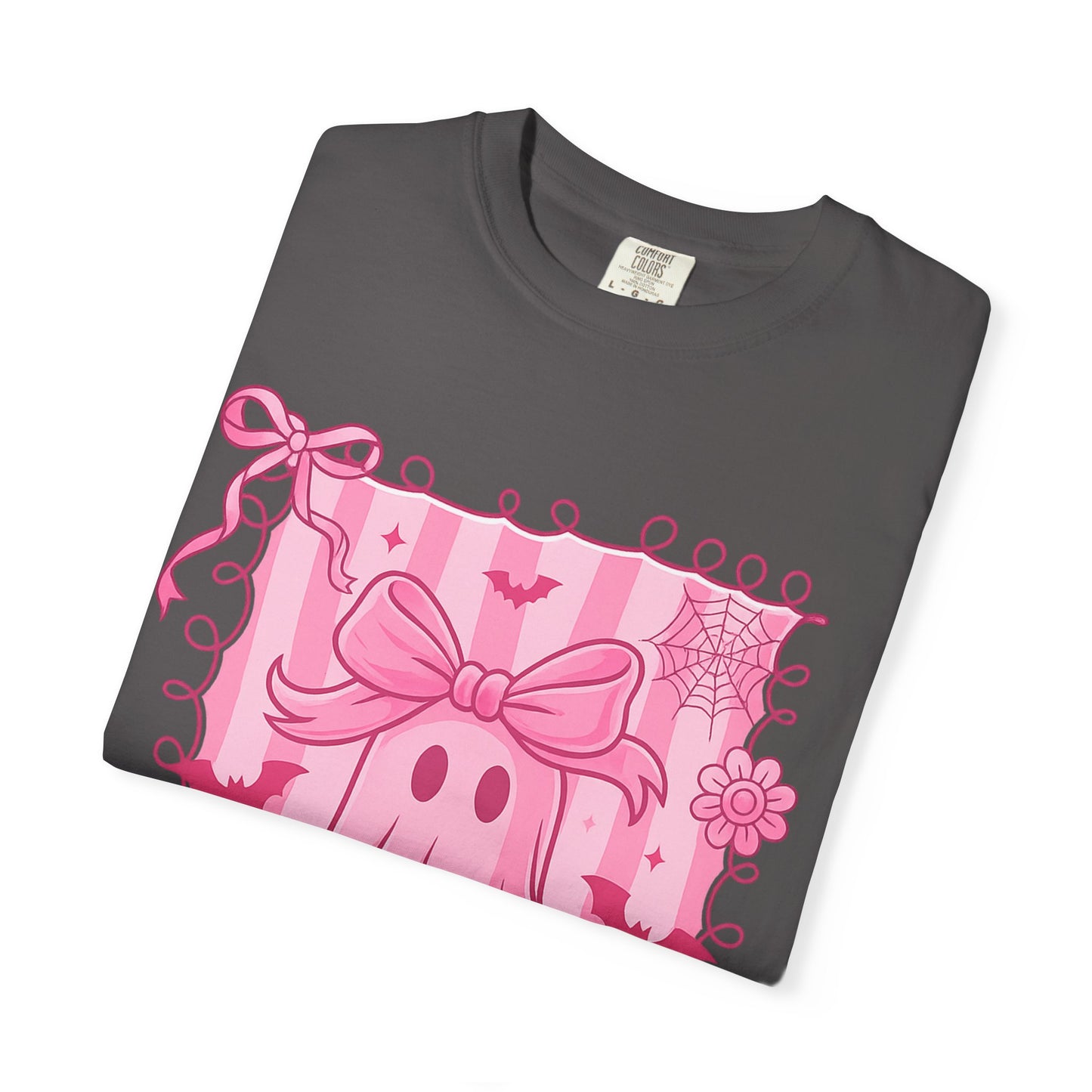 Cute Pink Ghost Graphic T-Shirt, Pink Halloween Tee, Unisex Garment-Dyed Top, Spooky Style for Fall, Trick or Treat Fashion