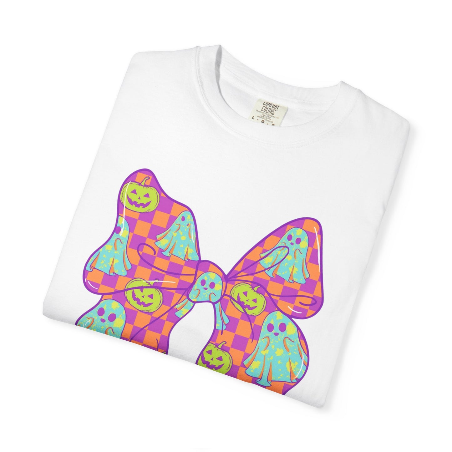 Neon Checkered Ghost Bow T-Shirt - Fun Lovers Halloween Unisex Tee