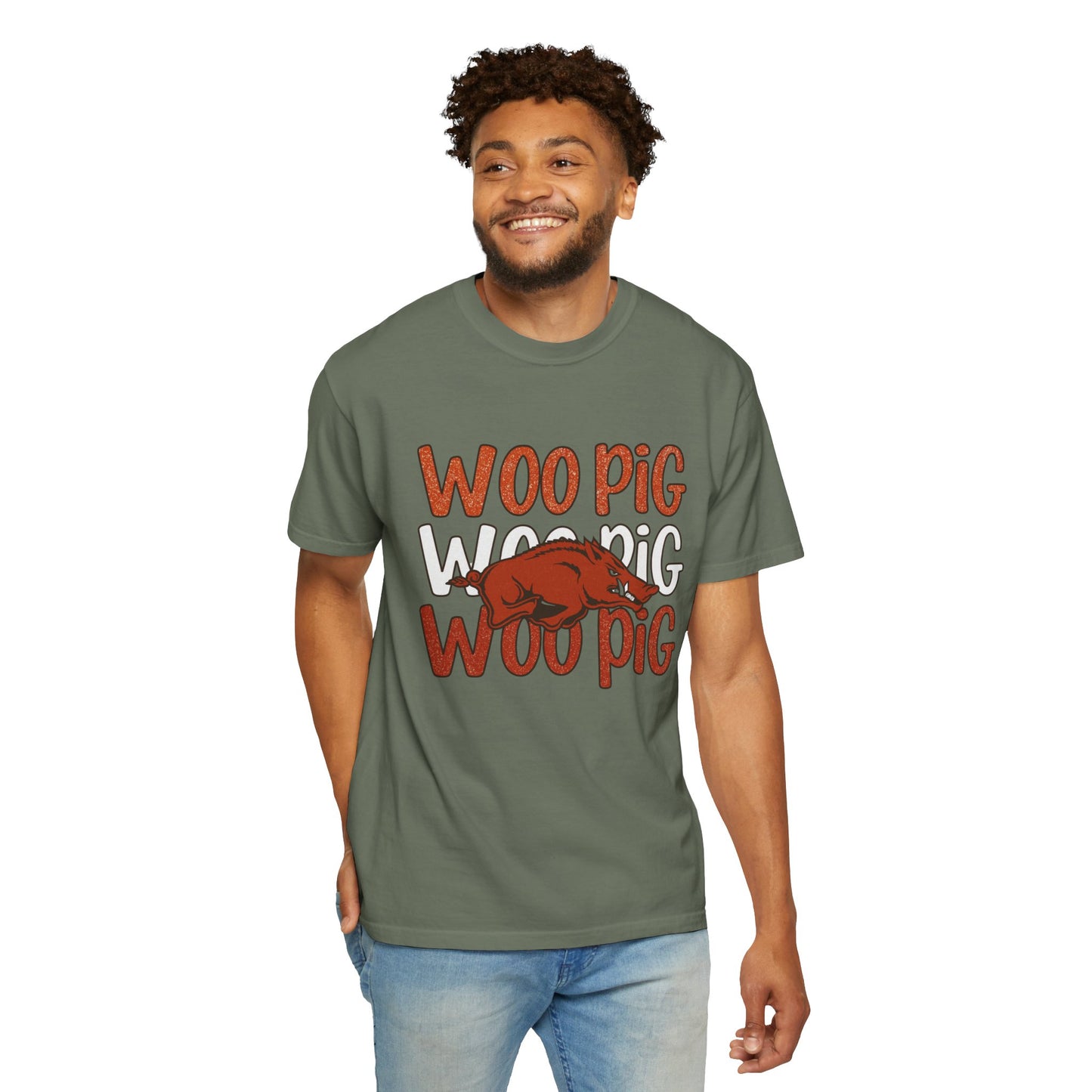 Woo Pig Garment-Dyed T-Shirt, Unisex Tee, Arkansas Pride Shirt, Casual Everyday Wear, College Game Day Tee, Fun Graphic Tee