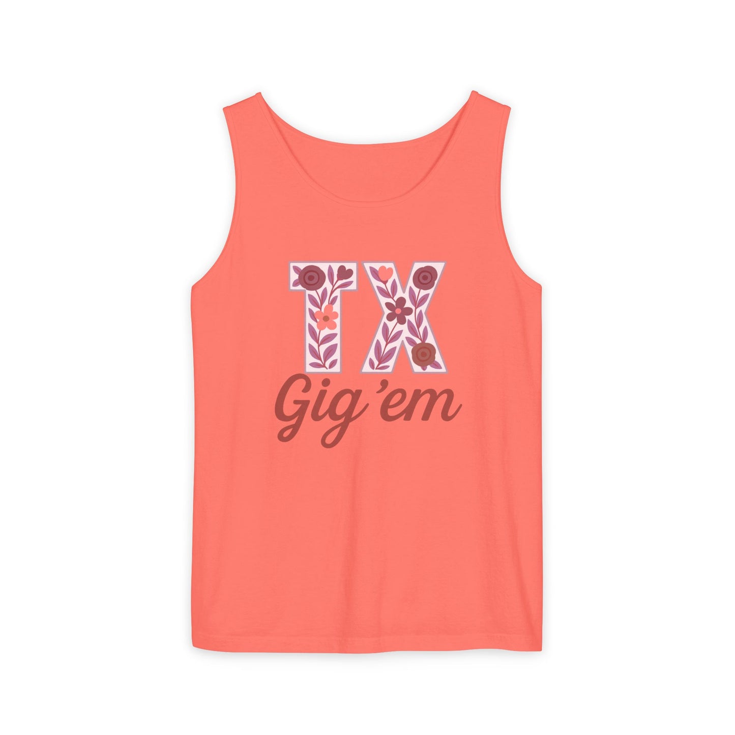 Texas Gig 'Em Tank Top, Unisex Summer Apparel, Cute Floral Design, Perfect for College Fans, Gifts, Comfort Colors, Graduation Gift