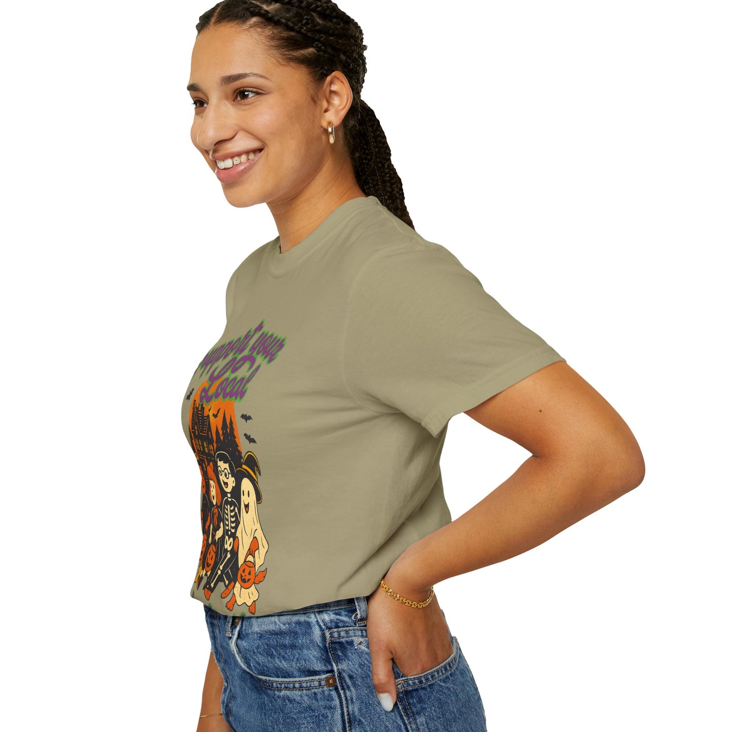 Halloween Support T-Shirt, Youth Trick or Treat Shirt, Garment-Dyed Tee for Kids, Spooky Season Apparel, Holiday Party Top, Fun Costume Wear