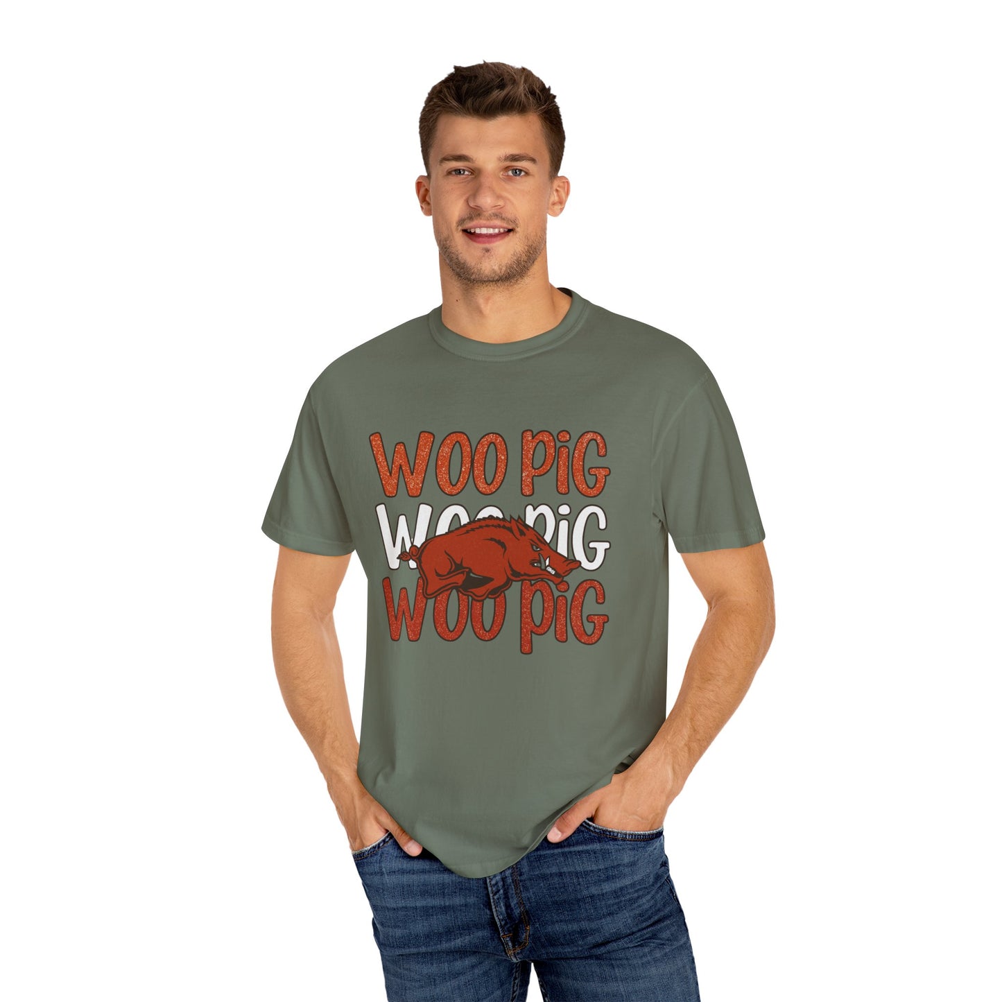 Woo Pig Garment-Dyed T-Shirt, Unisex Tee, Arkansas Pride Shirt, Casual Everyday Wear, College Game Day Tee, Fun Graphic Tee