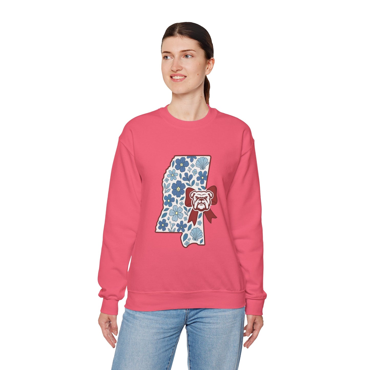 Mississippi Flower Bulldog Crewneck Sweatshirt, Cozy Sweatshirt for Fall, Gift for Dog Lovers, College Apparel, Casual Fashion