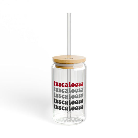 Stylish Tuscaloosa Sipper Glass, Eco-Friendly Drinkware, Glass Straw, College Student Gift, Customizable Cup, Home Bar Decor, Party Glass