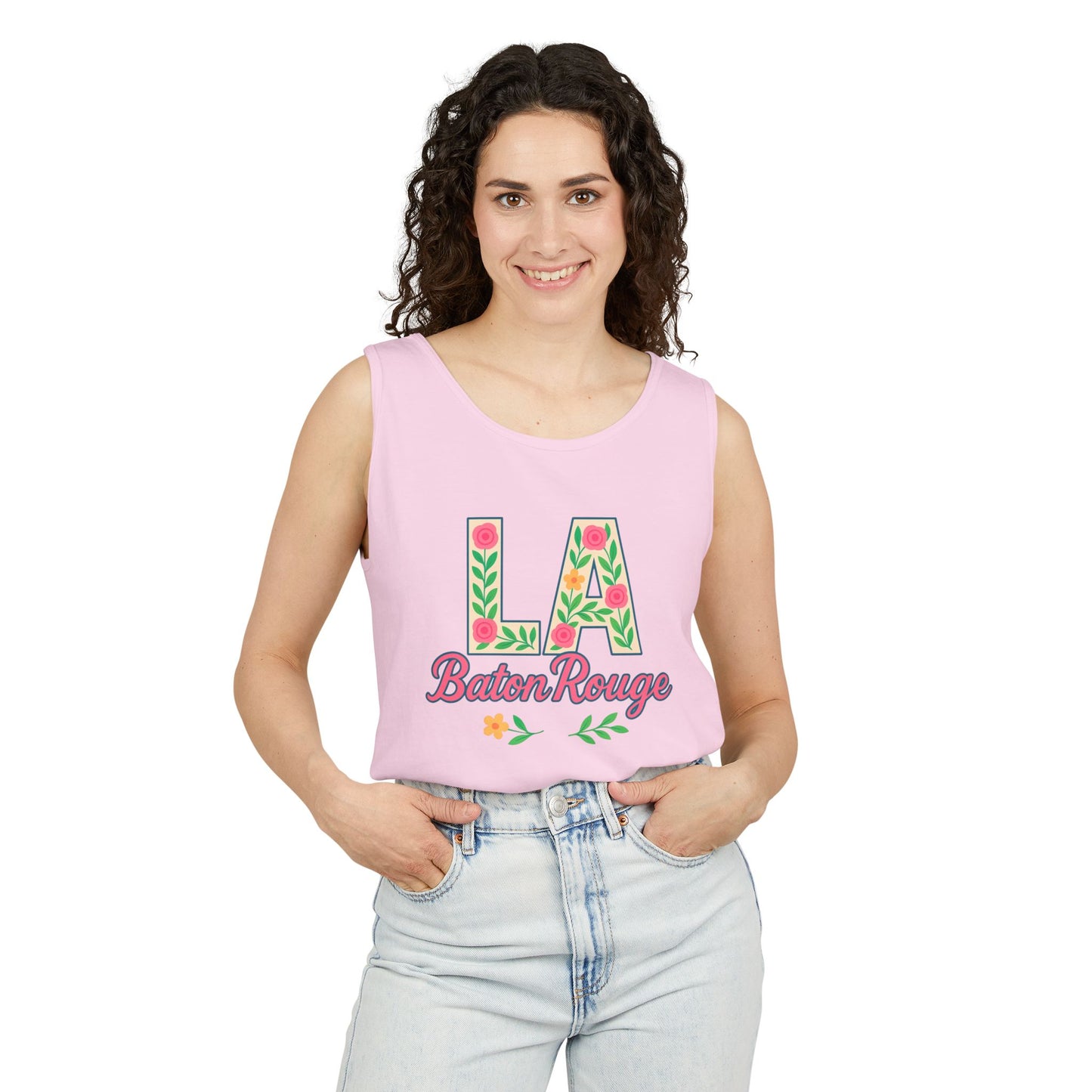 LA Baton Rouge Floral Tank Top, Summer Vibes, Unisex Apparel, Gift for Friends, Vacation Outfit, Spring/Summer Wear, Comfort Colors, Graduation Gift