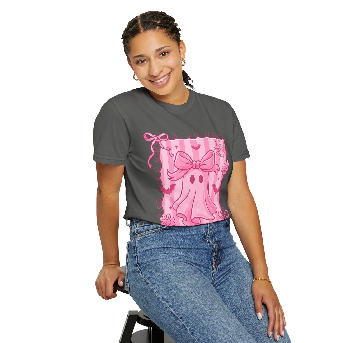 Cute Pink Ghost Graphic T-Shirt, Pink Halloween Tee, Unisex Garment-Dyed Top, Spooky Style for Fall, Trick or Treat Fashion