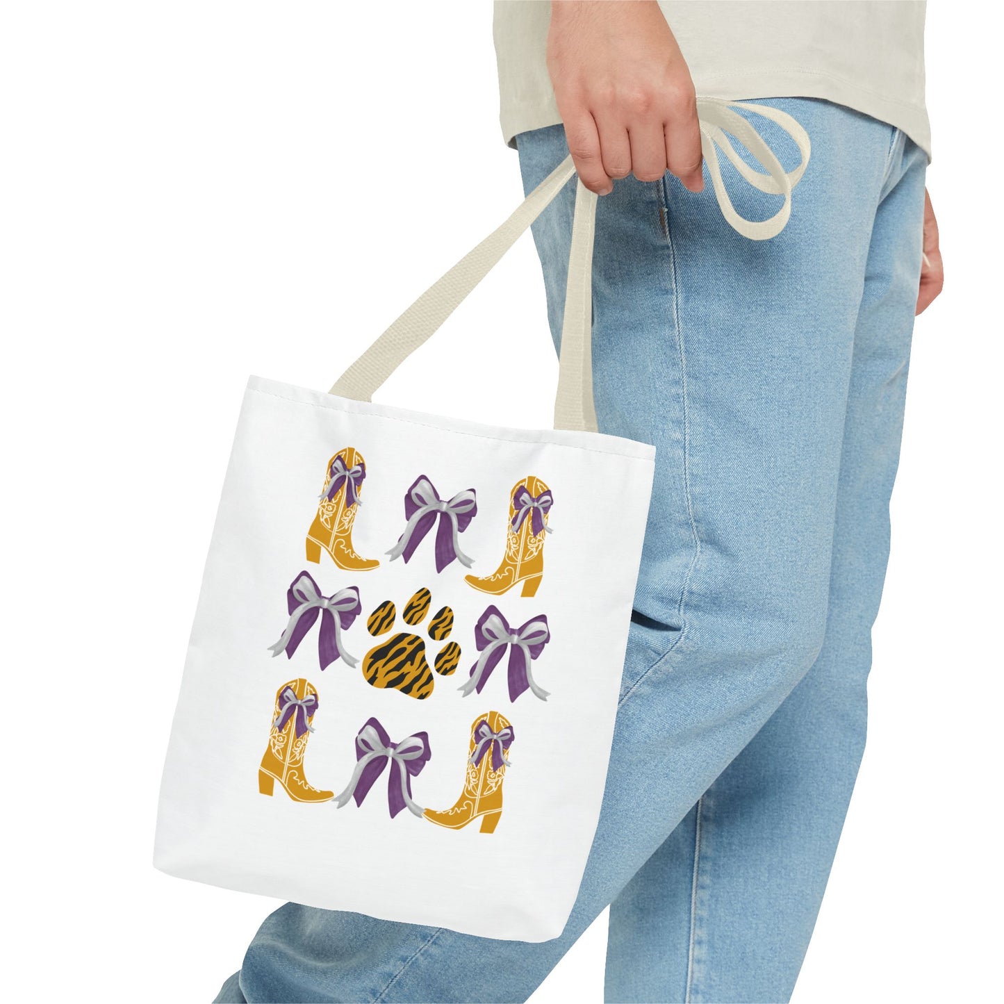 LSu coquette bow Print Tote Bag, Eco-Friendly Fashion Bag, lsu tiger fan, louisiana game day, geaux tigers, college student gift, graduation gift