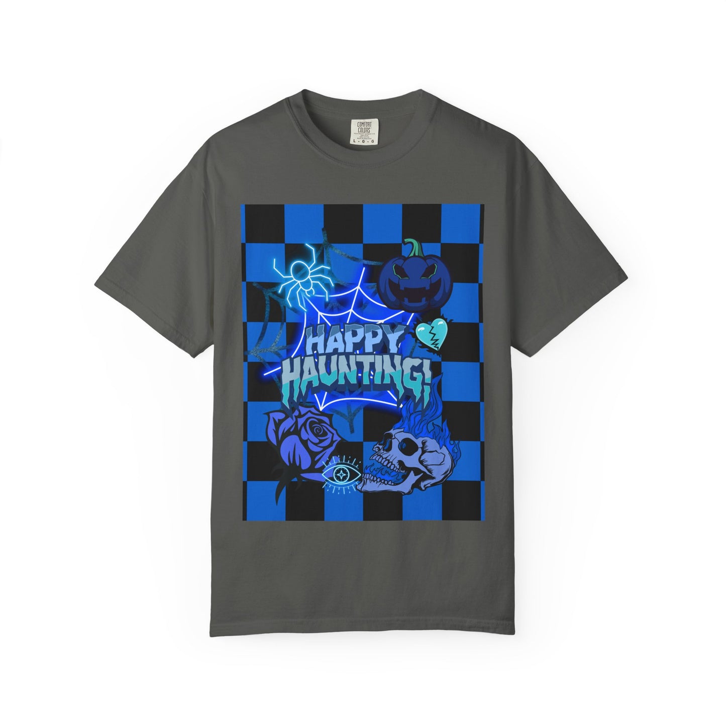 Happy Haunting Unisex Garment-Dyed T-shirt, Halloween Tee, Spooky Shirt, Fall Fashion, Casual Wear, Pumpkin Fest