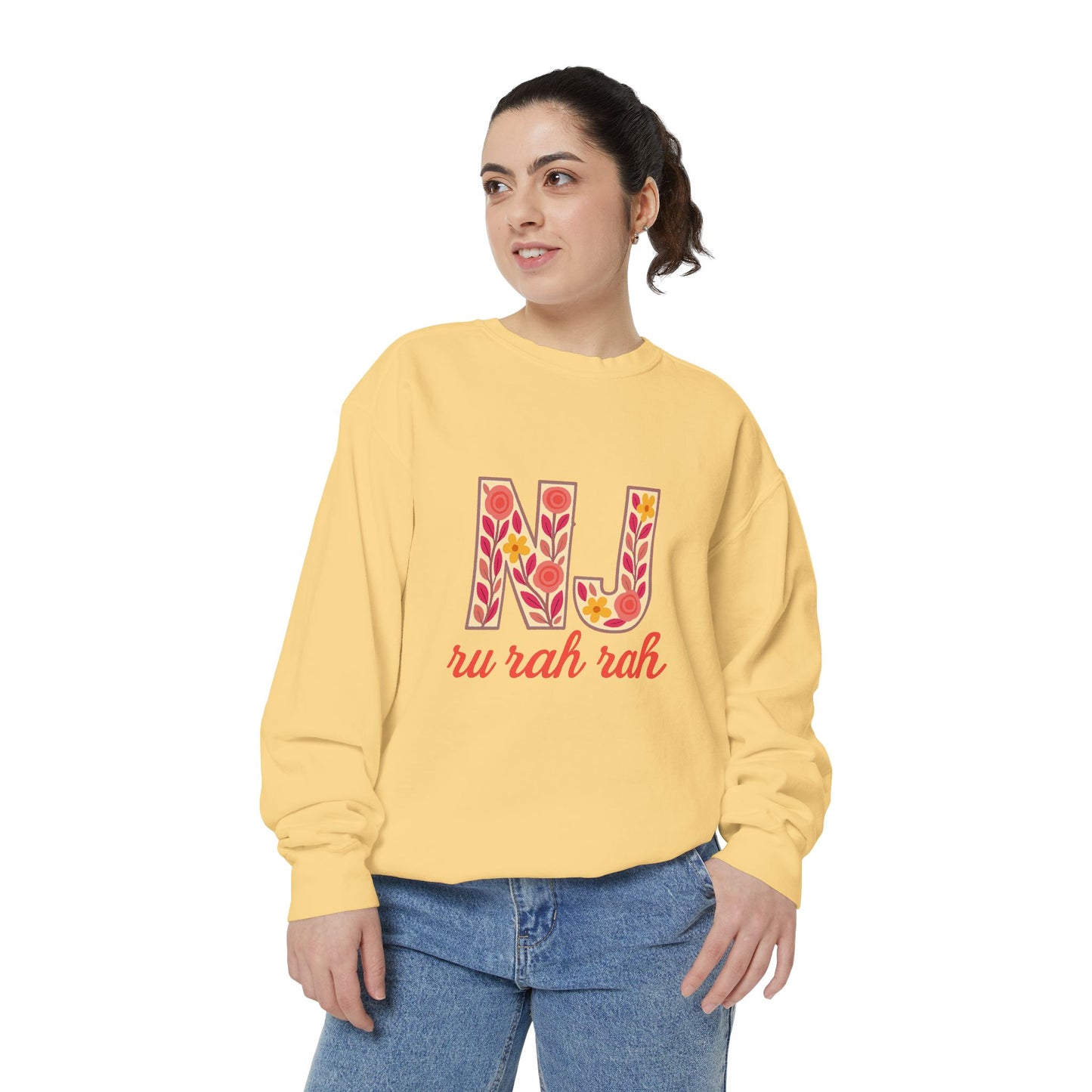 Cheerful NJ Garment-Dyed Sweatshirt, Cozy Unisex Pullover for School Spirit, Fall Fashion, Gift for College Students, Relaxed Fit