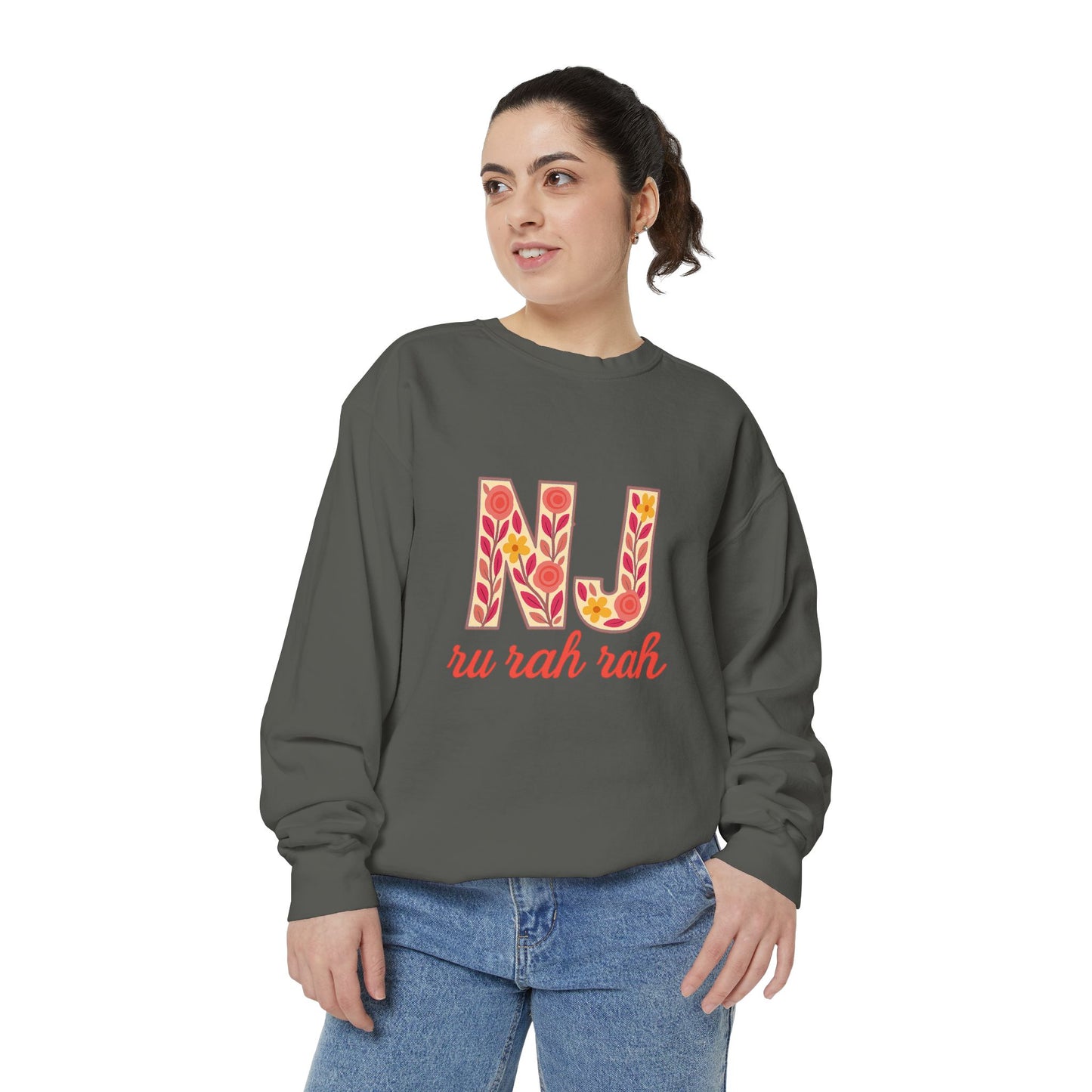 Cheerful NJ Garment-Dyed Sweatshirt, Cozy Unisex Pullover for School Spirit, Fall Fashion, Gift for College Students, Relaxed Fit