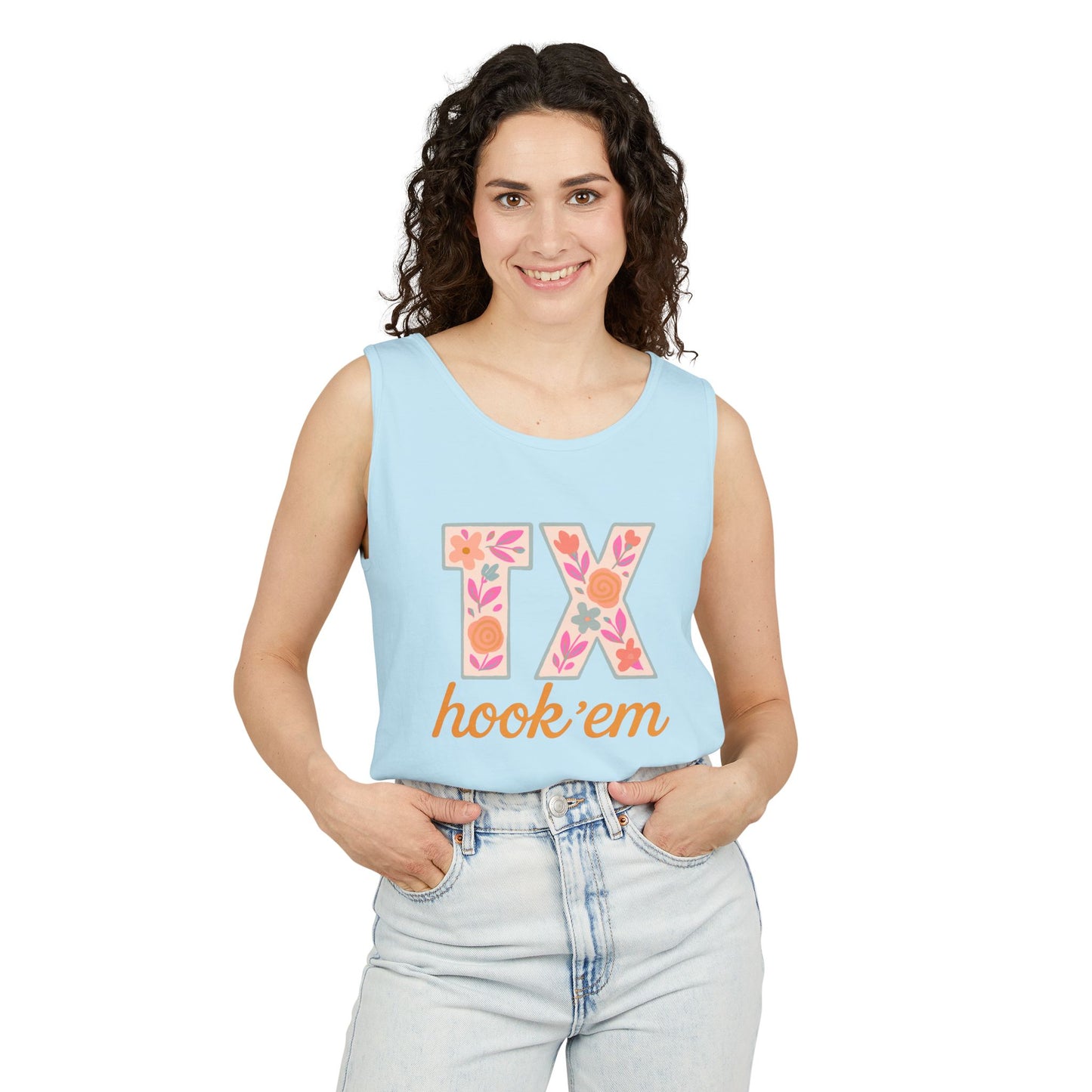 Texas Floral Hook 'Em Unisex Tank Top, Summer Vibe, Casual Wear, College Gear, Gift for Graduates, Texas Pride Apparel, Comfort Colors, Graduation Gift