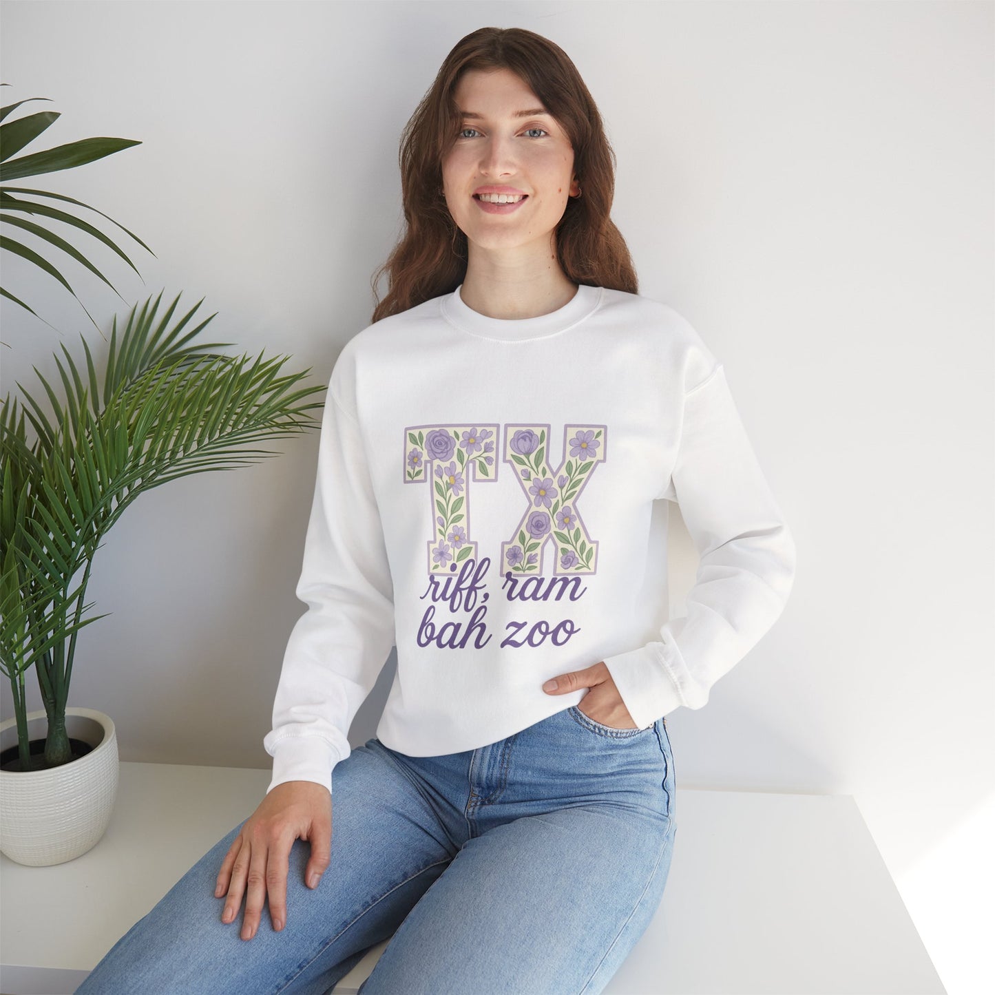 Texas Floral Sweatshirt, Cozy Unisex Crewneck, TX Riff Ram Bah Zoo Pullover, Gift for College Students, Texas Pride Apparel, Spring Fashion