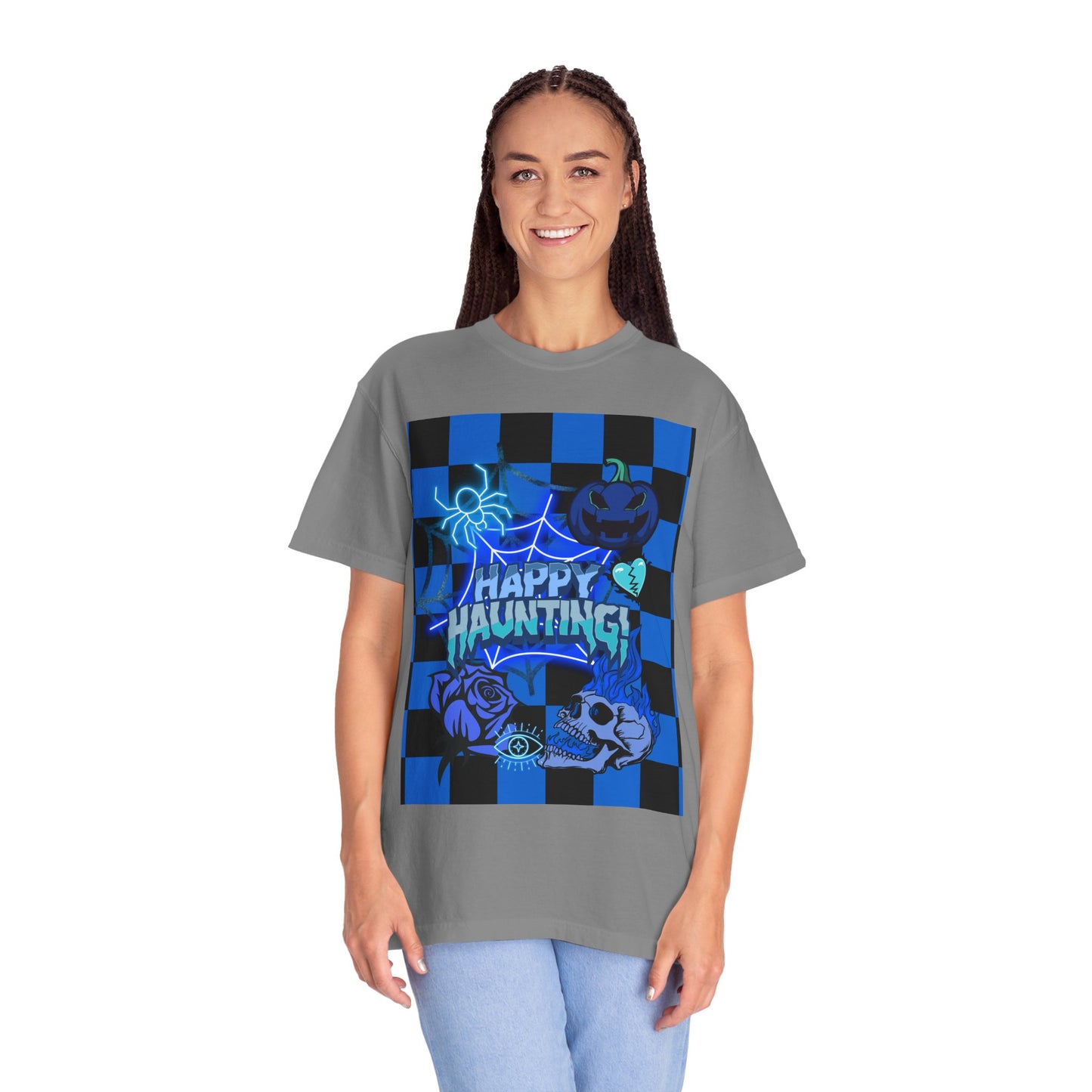 Happy Haunting Unisex Garment-Dyed T-shirt, Halloween Tee, Spooky Shirt, Fall Fashion, Casual Wear, Pumpkin Fest